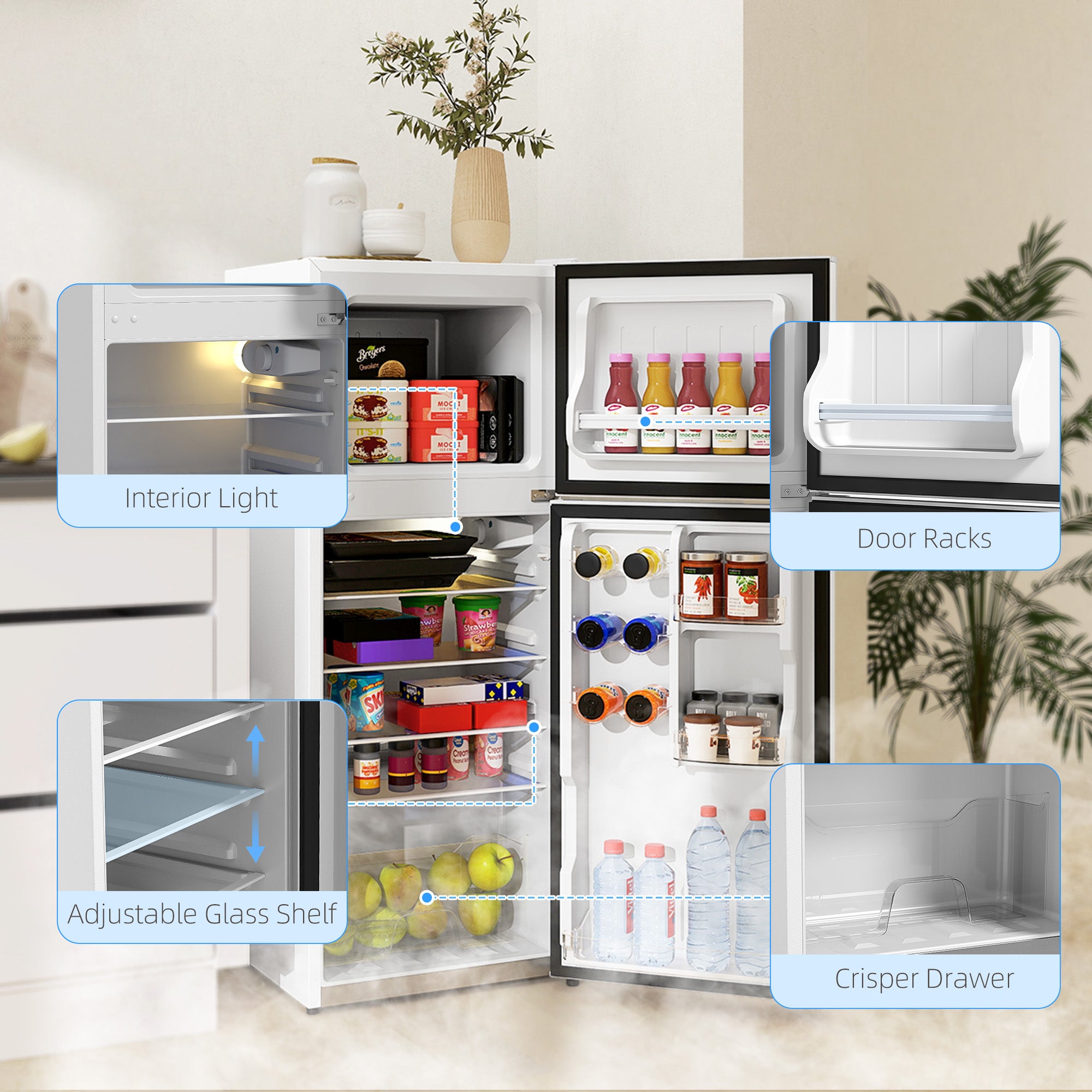 HOMCOM Small Fridge with Freezer, 4 Cu. Ft. Compact Refrigerator with Adjustable Shelves, Mechanical Thermostat, Reversible Double Doors for Bedroom, Dorm, Kitchen, White