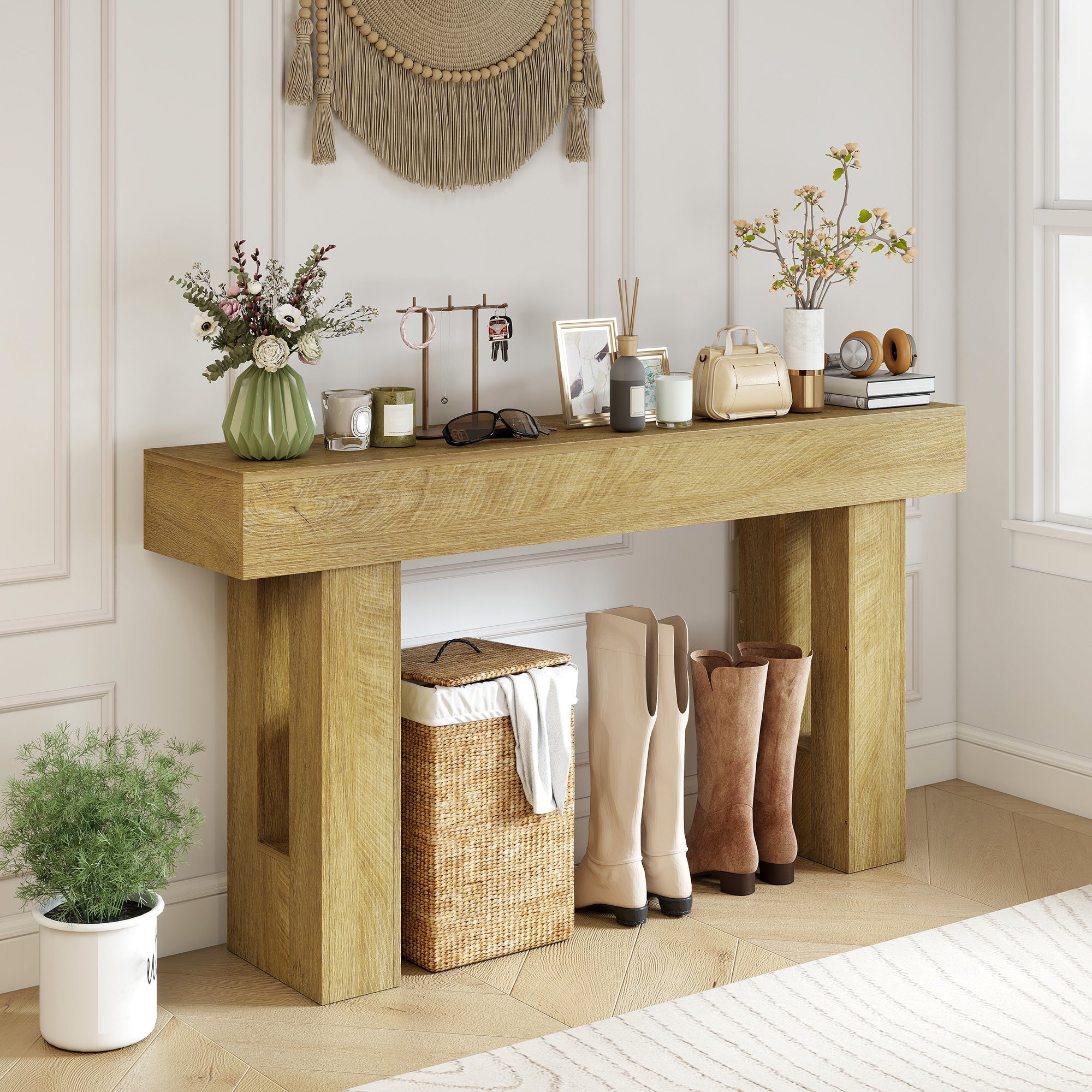 63 Inch Console Table, Narrow Farmhouse Entryway Table with Thickened Tabletop for Living Room, Hallway, Entrance, Oak