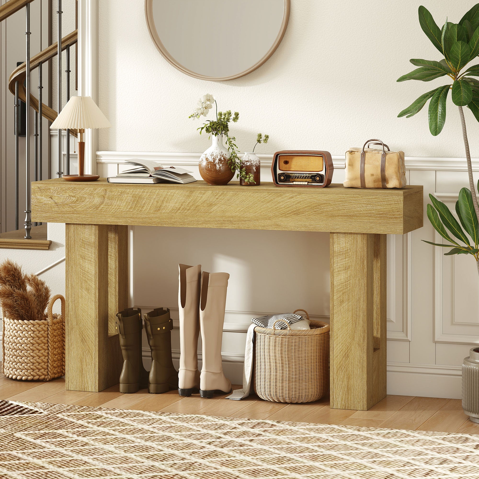 63 Inch Console Table, Narrow Farmhouse Entryway Table with Thickened Tabletop for Living Room, Hallway, Entrance, Oak