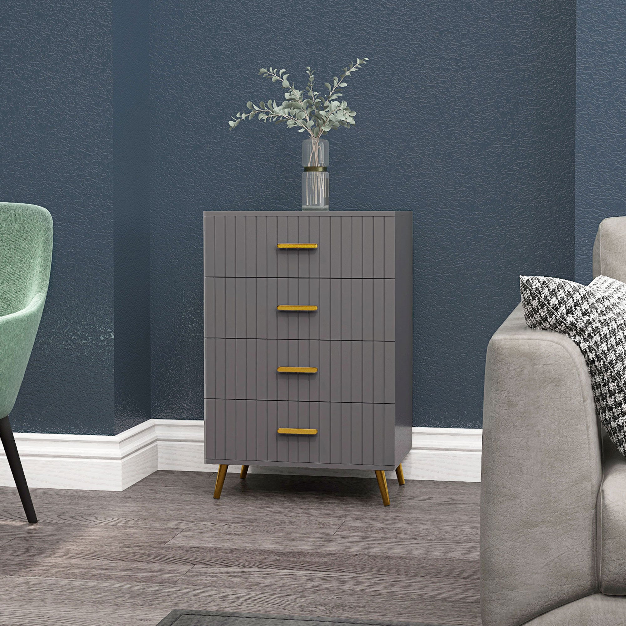 HOMCOM Bedroom Chest of Drawers, Modern 4-Drawer Dresser, Storage Drawer Unit with Aluminium Legs, Dark Grey