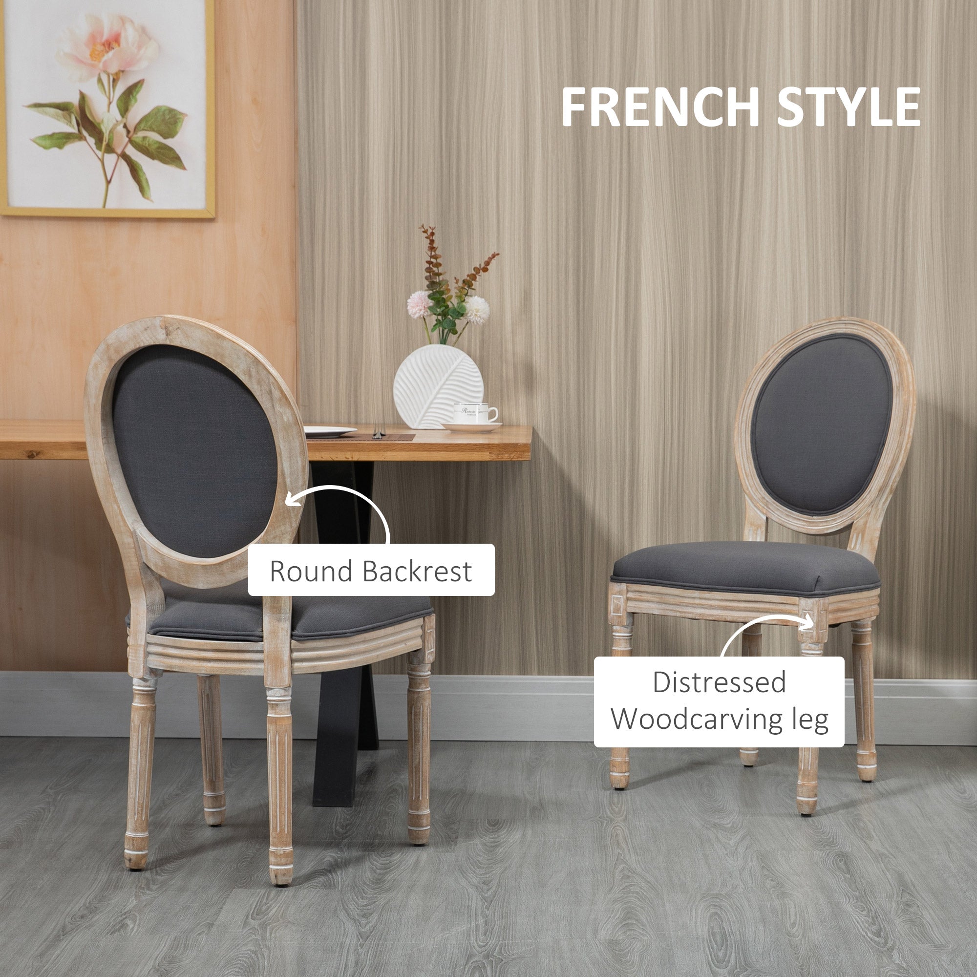 Dining Chairs Set of 2, French-Style Kitchen Chairs, Armless Accent Chairs with Linen Fabric Upholstery, Round Backrest and Solid Wooden Frame, Grey
