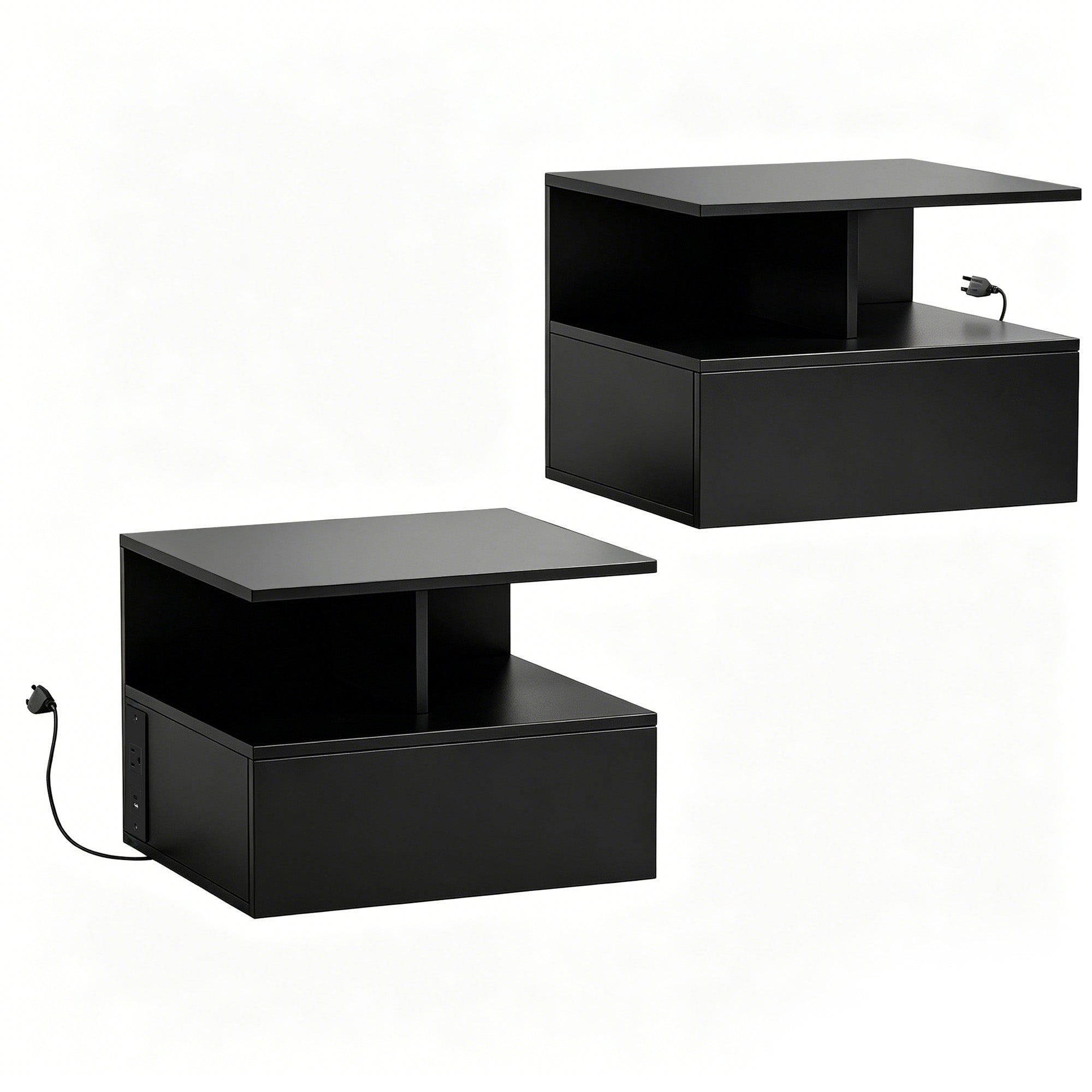 Floating Nightstand Set of 2, Wall Mounted Bedside Table with Power Outlets, Drawer and Open Shelf, Small Night Stand for Bedroom, Black