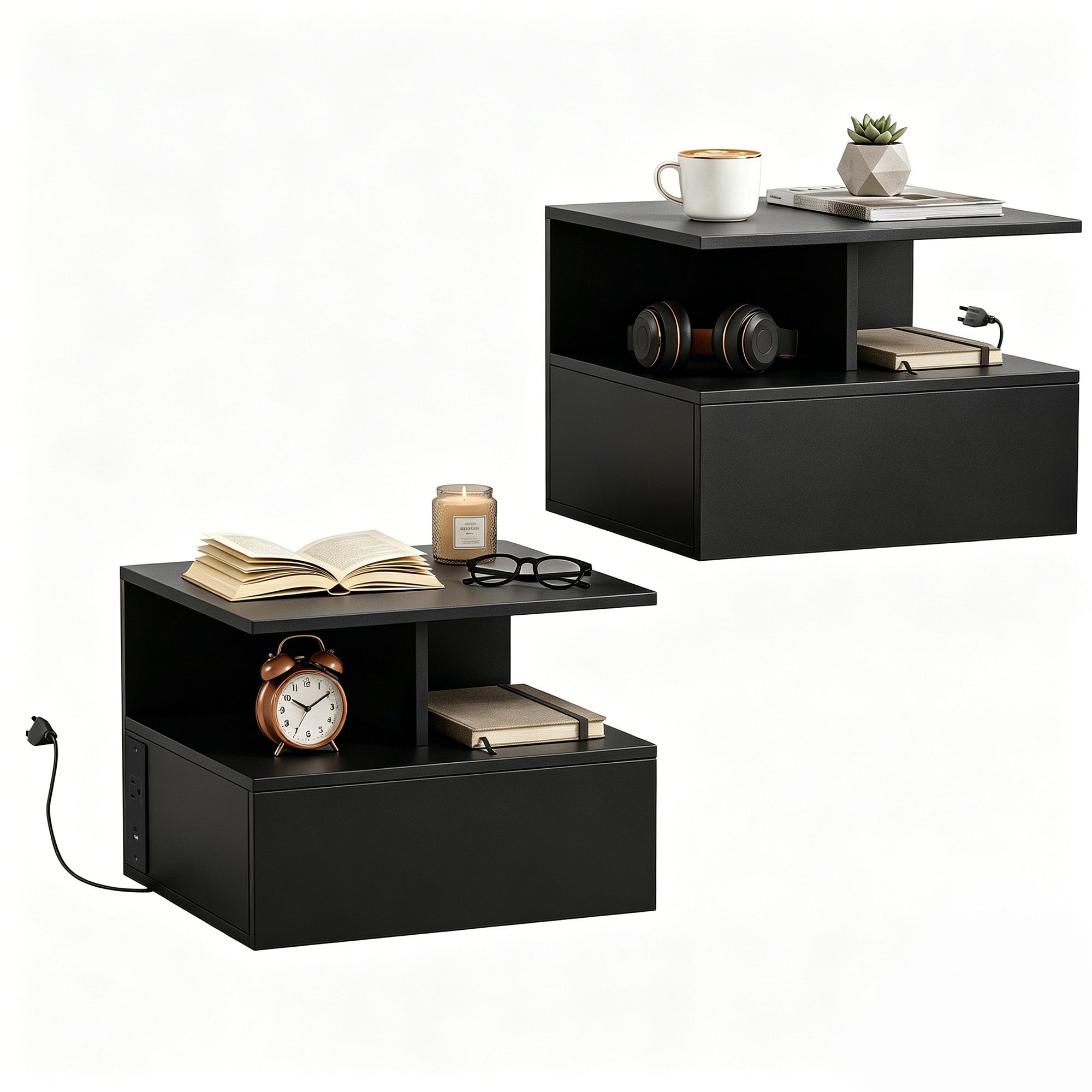 Floating Nightstand Set of 2, Wall Mounted Bedside Table with Power Outlets, Drawer and Open Shelf, Small Night Stand for Bedroom, Black