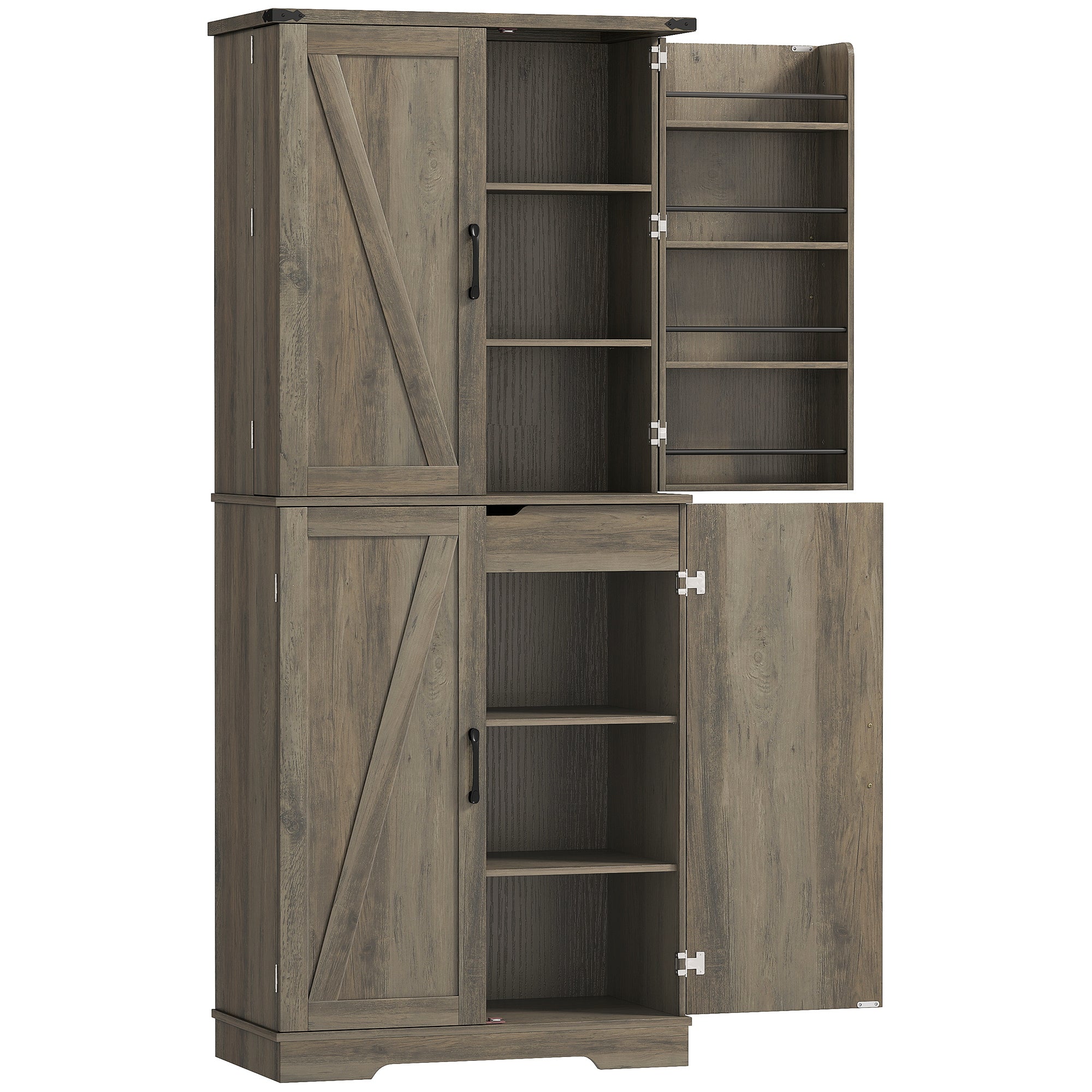72" Kitchen Pantry Cabinet, Farmhouse Freestanding Tall Kitchen Storage Cabinet with 4 Barn Doors, Hidden Drawer, 8 Door Shelves and Adjustable Shelf, Light Ivory Grey