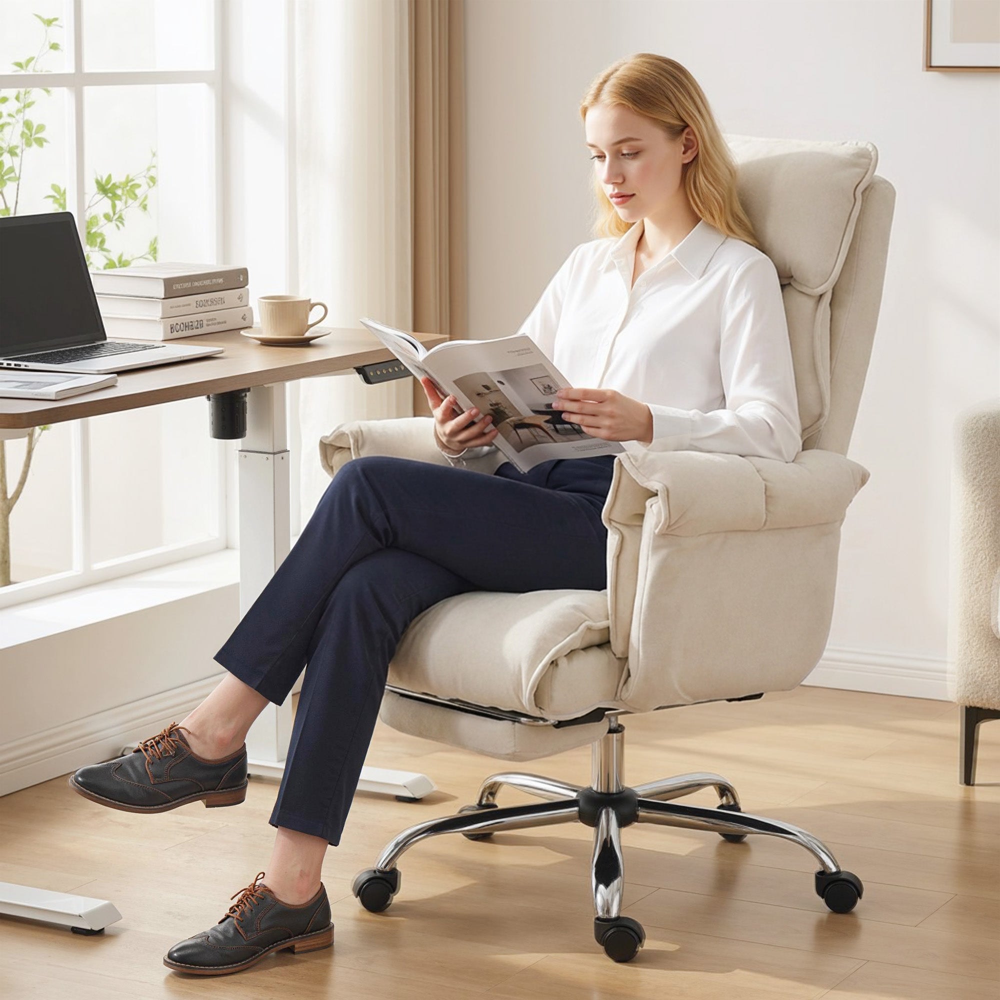 Executive Office Chair with Footrest, Reclining Swivel Computer Desk Chair with High Back, Double-layer Padding, Headrest, Adjustable Height, Rolling Wheels, Cream White