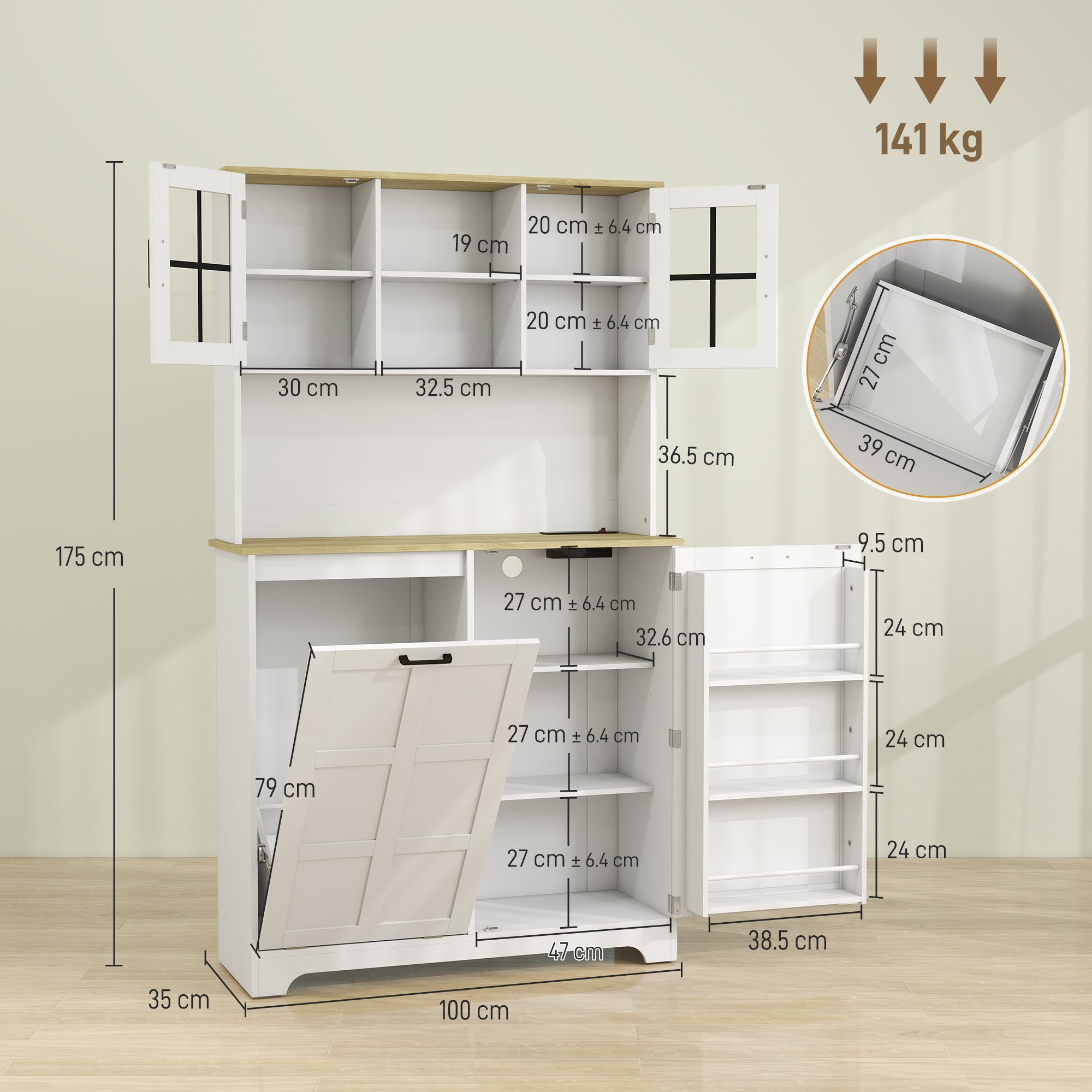 Kitchen Cupboard with Charging Station and 26.5 L Rubbish Bin Cabinet, 175cm Tall Kitchen Cabinet with 3 Door Shelves and 2 Acrylic Doors, Sideboard Storage Cabinet for Dining Room, White