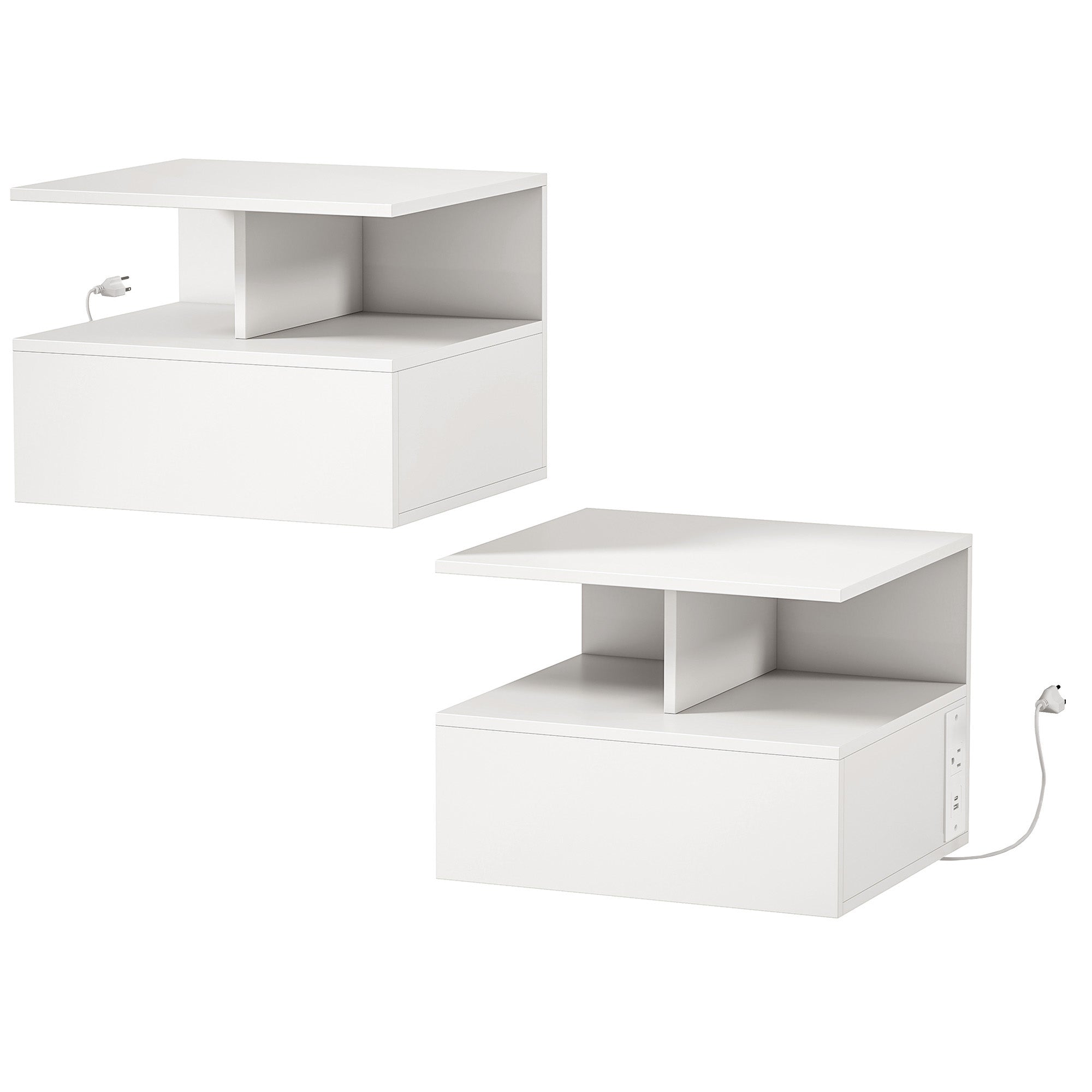 Floating Nightstand Set of 2, Wall Mounted Bedside Table with Power Outlets, Drawer and Open Shelf, Small Night Stand for Bedroom, White