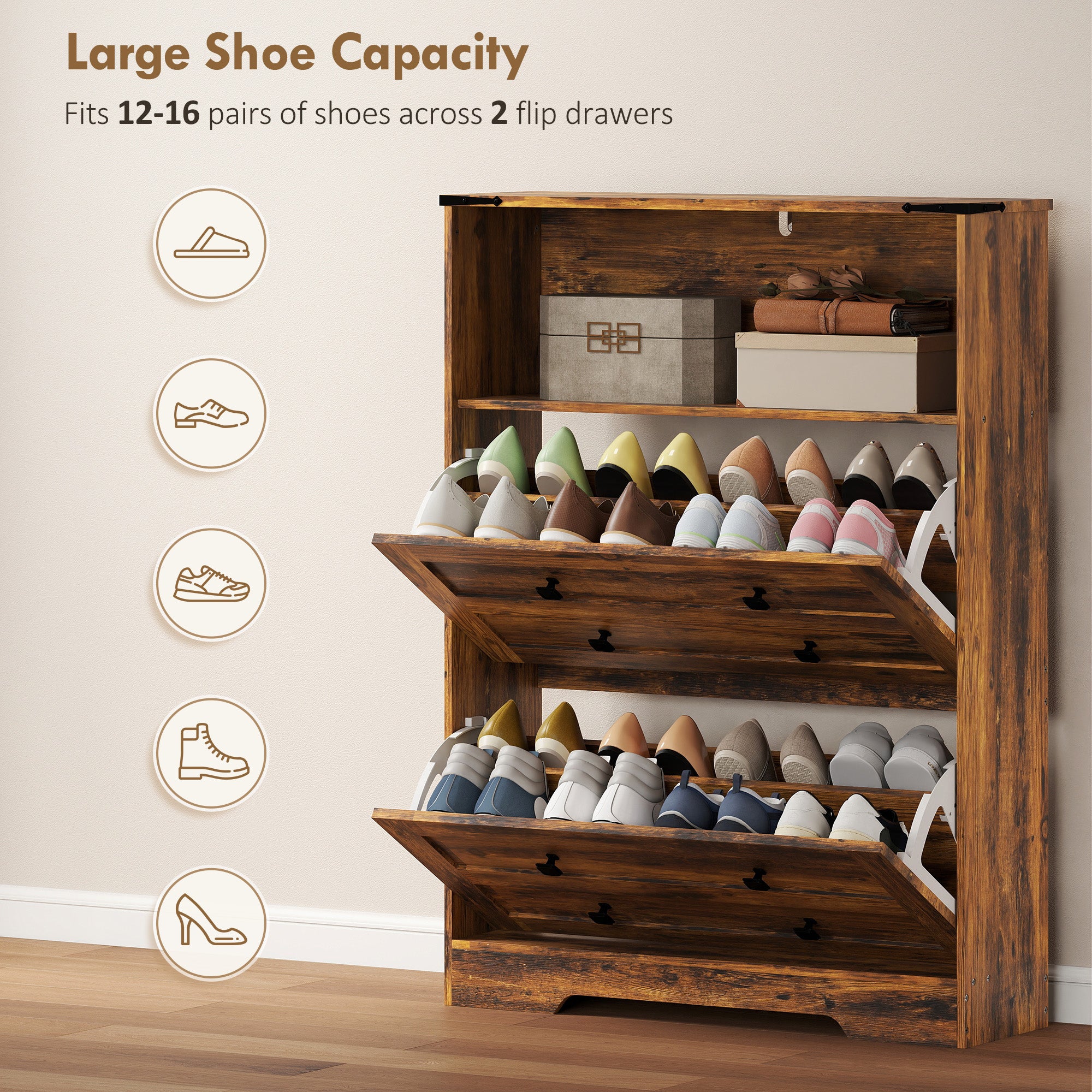 Shoe Cabinet with 2 Flip Drawers, Narrow Shoe Storage Cabinet with Adjustable Shelves and Open Shelf, Farmhouse Storage Organizer for Entryway, Hallway, Holds 12-16 Pairs, Rustic Brown