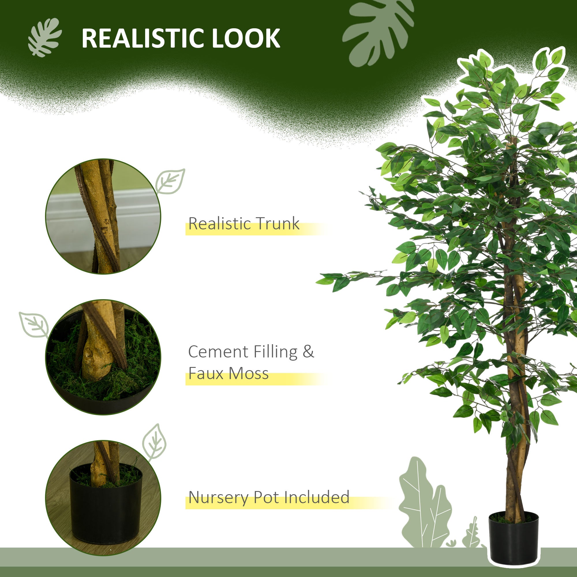 HOMCOM Decorative Artificial Plants Ficus in Pot, Fake Plants for Home Indoor Outdoor Decor, 150cm