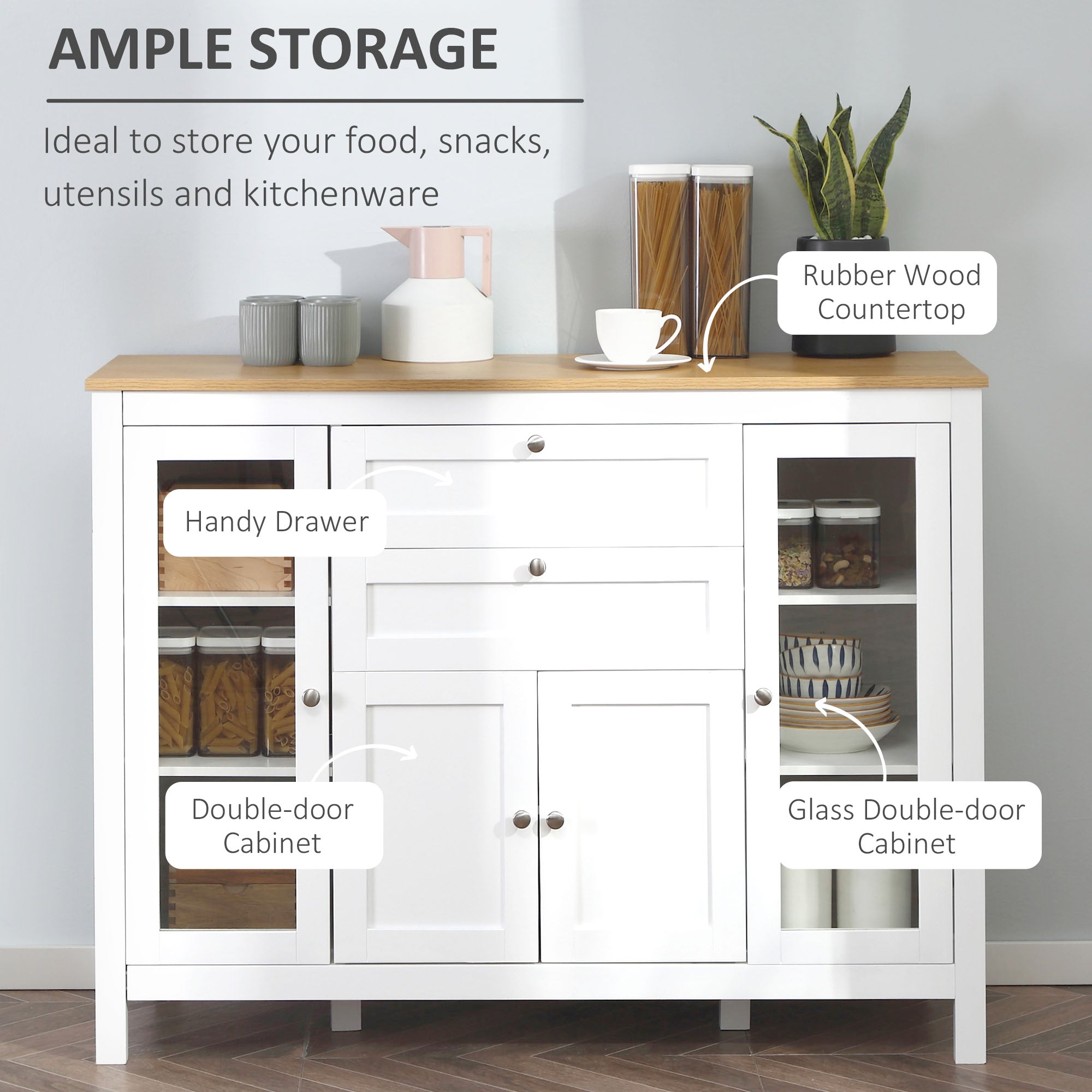 HOMCOM Modern Kitchen Sideboard, Buffect Cabinet with Glass Doors, 3 Cupboards, 2 Drawers, Adjustable Shelves, Oak White