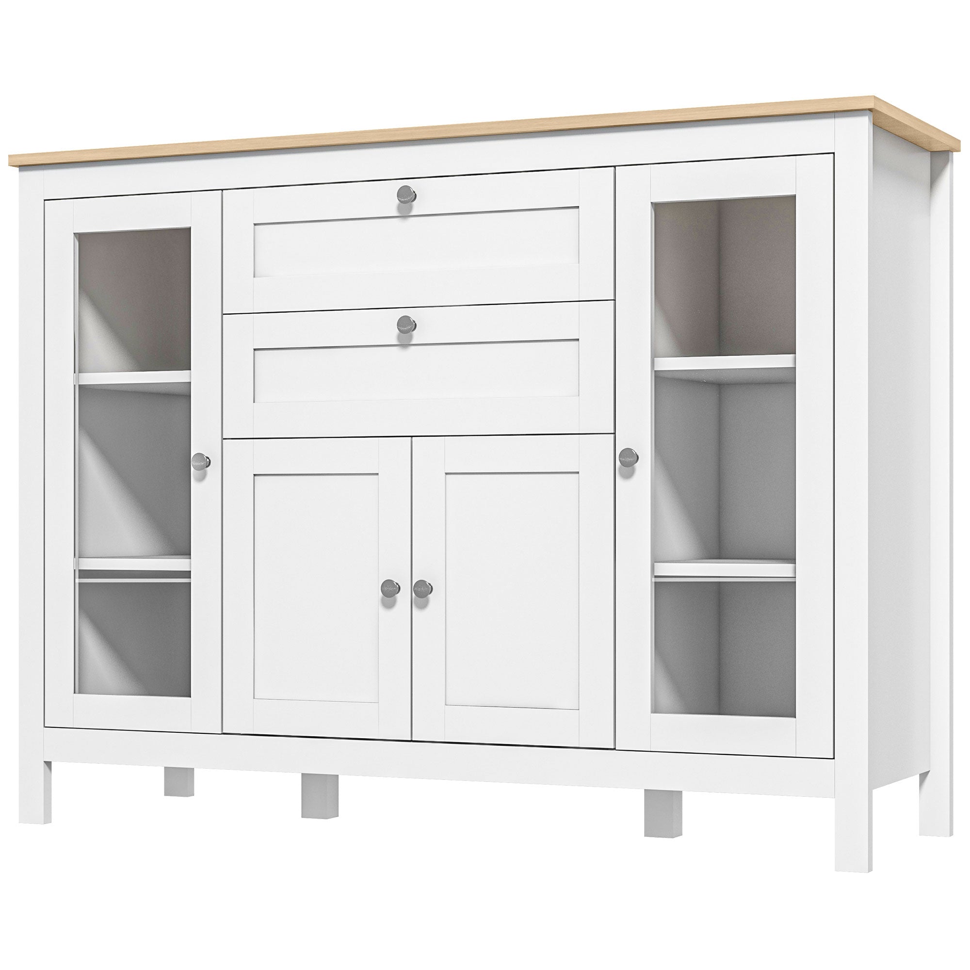 47" Sideboard Buffet Cabinet with Rubber Wood Top Glass Door Coffee Bar Cabinet Kitchen White