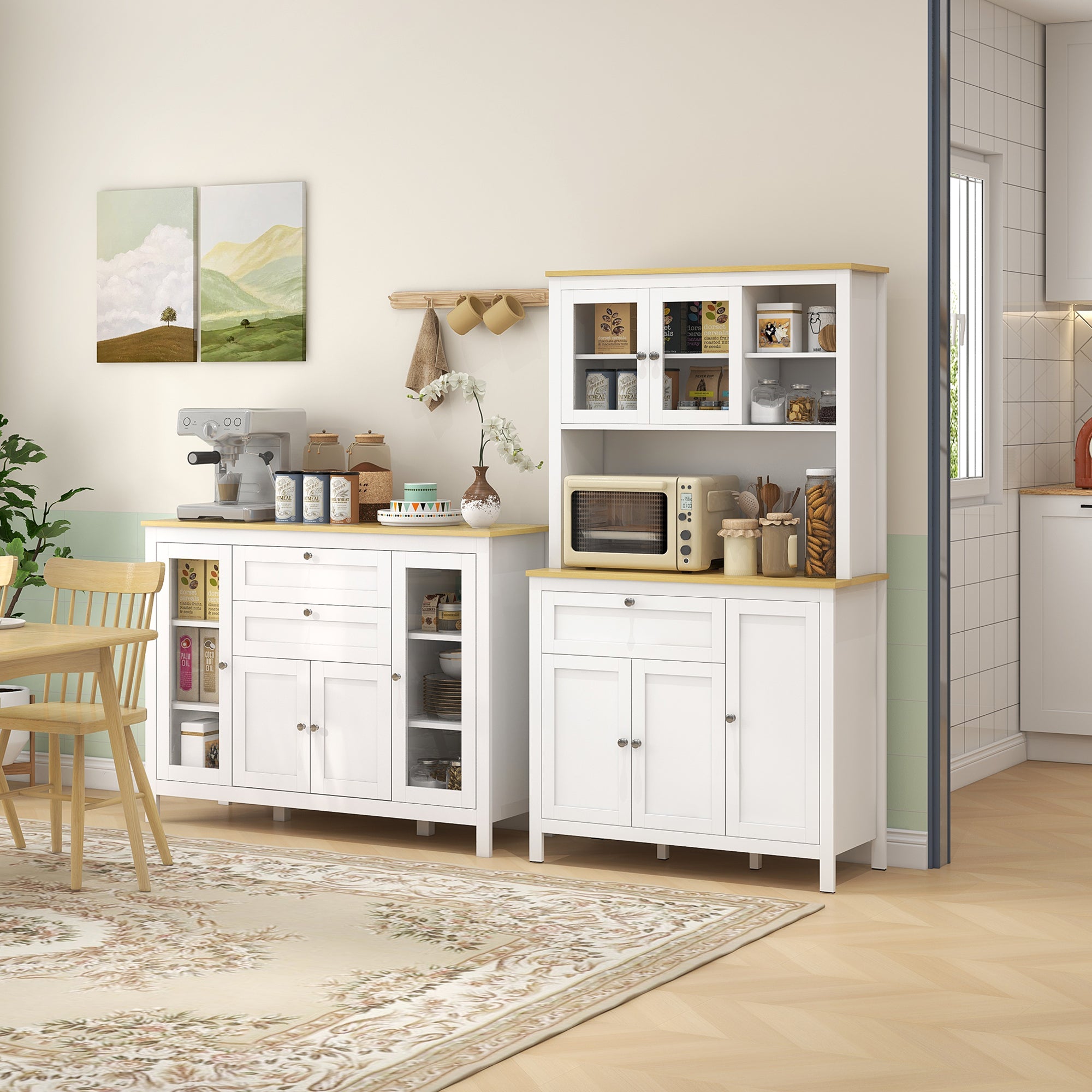 HOMCOM Modern Kitchen Sideboard, Buffect Cabinet with Glass Doors, 3 Cupboards, 2 Drawers, Adjustable Shelves, Oak White