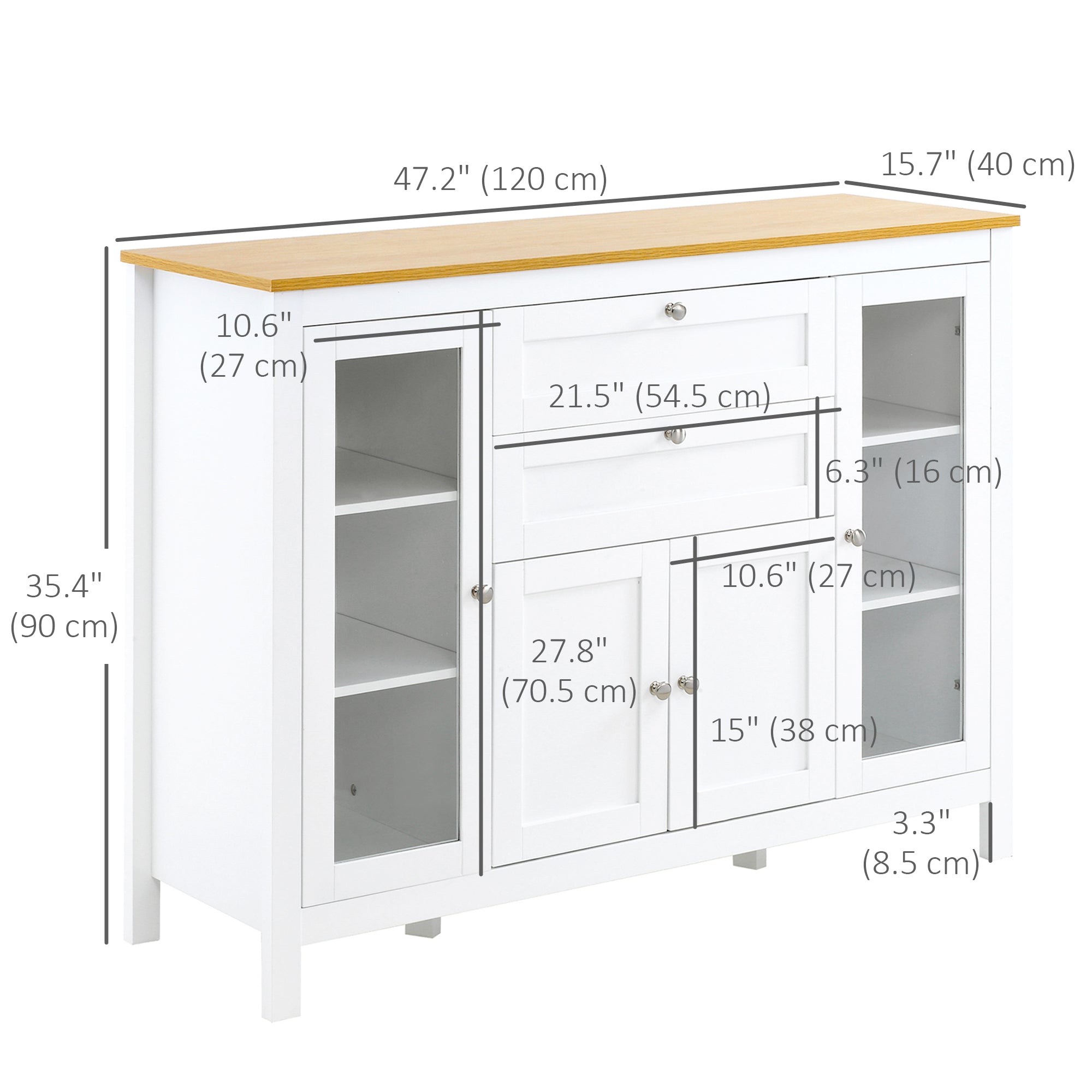 HOMCOM Modern Kitchen Sideboard, Buffect Cabinet with Glass Doors, 3 Cupboards, 2 Drawers, Adjustable Shelves, Oak White