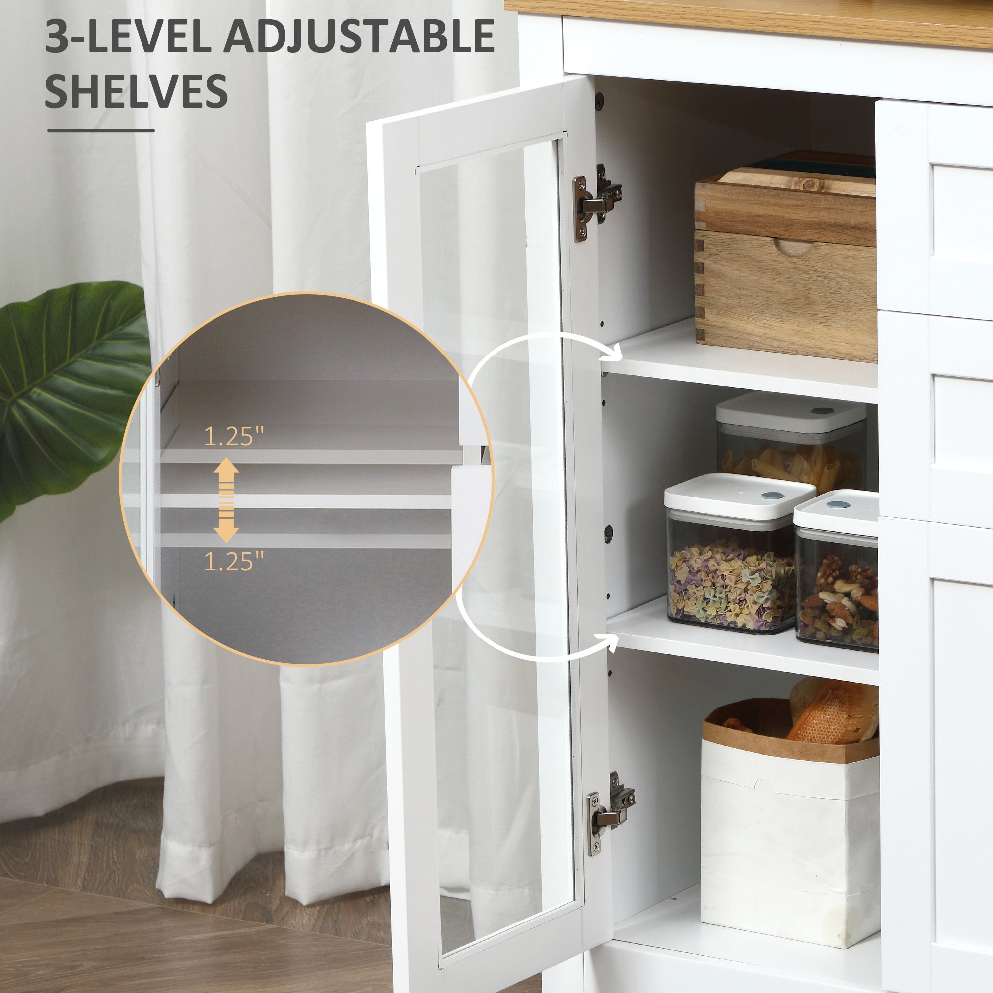 47" Sideboard Buffet Cabinet with Rubber Wood Top Glass Door Coffee Bar Cabinet Kitchen White