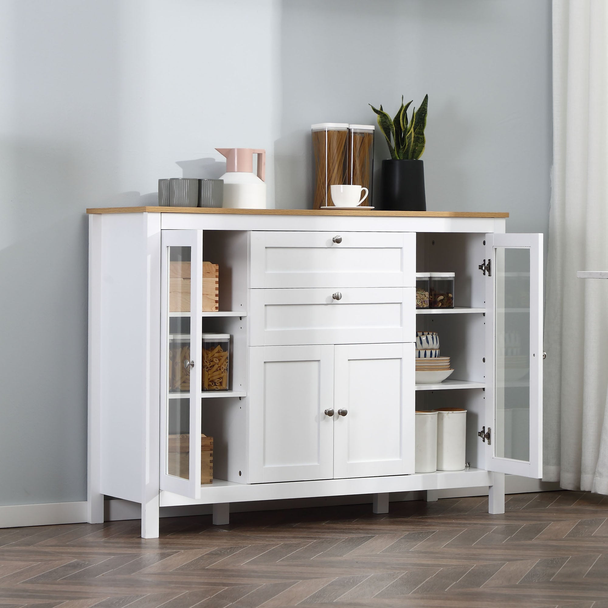 HOMCOM Modern Kitchen Sideboard, Buffect Cabinet with Glass Doors, 3 Cupboards, 2 Drawers, Adjustable Shelves, Oak White