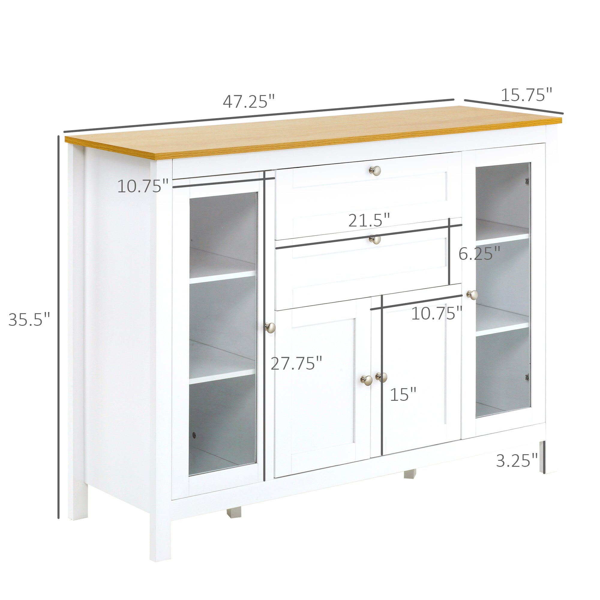 47" Sideboard Buffet Cabinet with Rubber Wood Top Glass Door Coffee Bar Cabinet Kitchen White