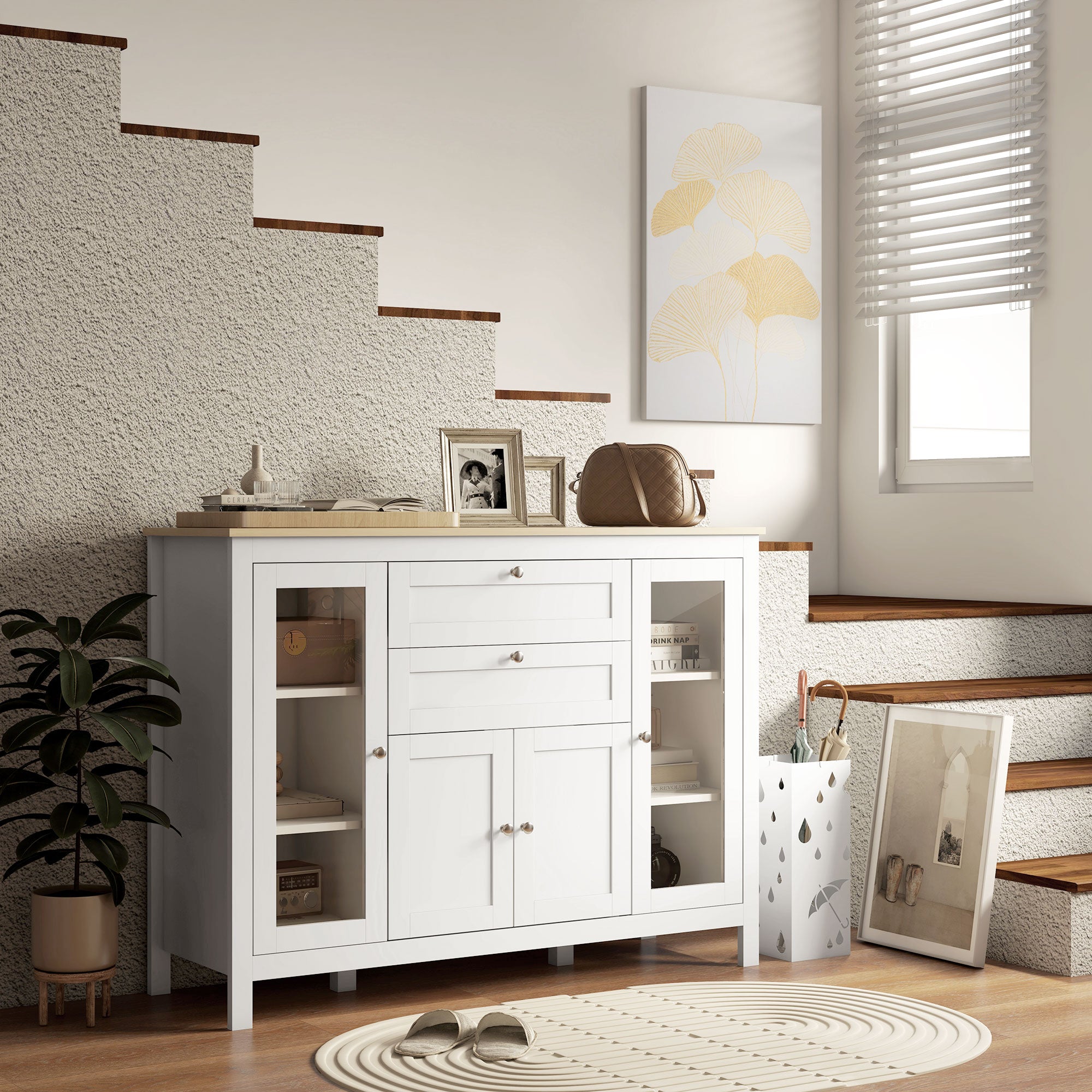 47" Sideboard Buffet Cabinet with Rubber Wood Top Glass Door Coffee Bar Cabinet Kitchen White