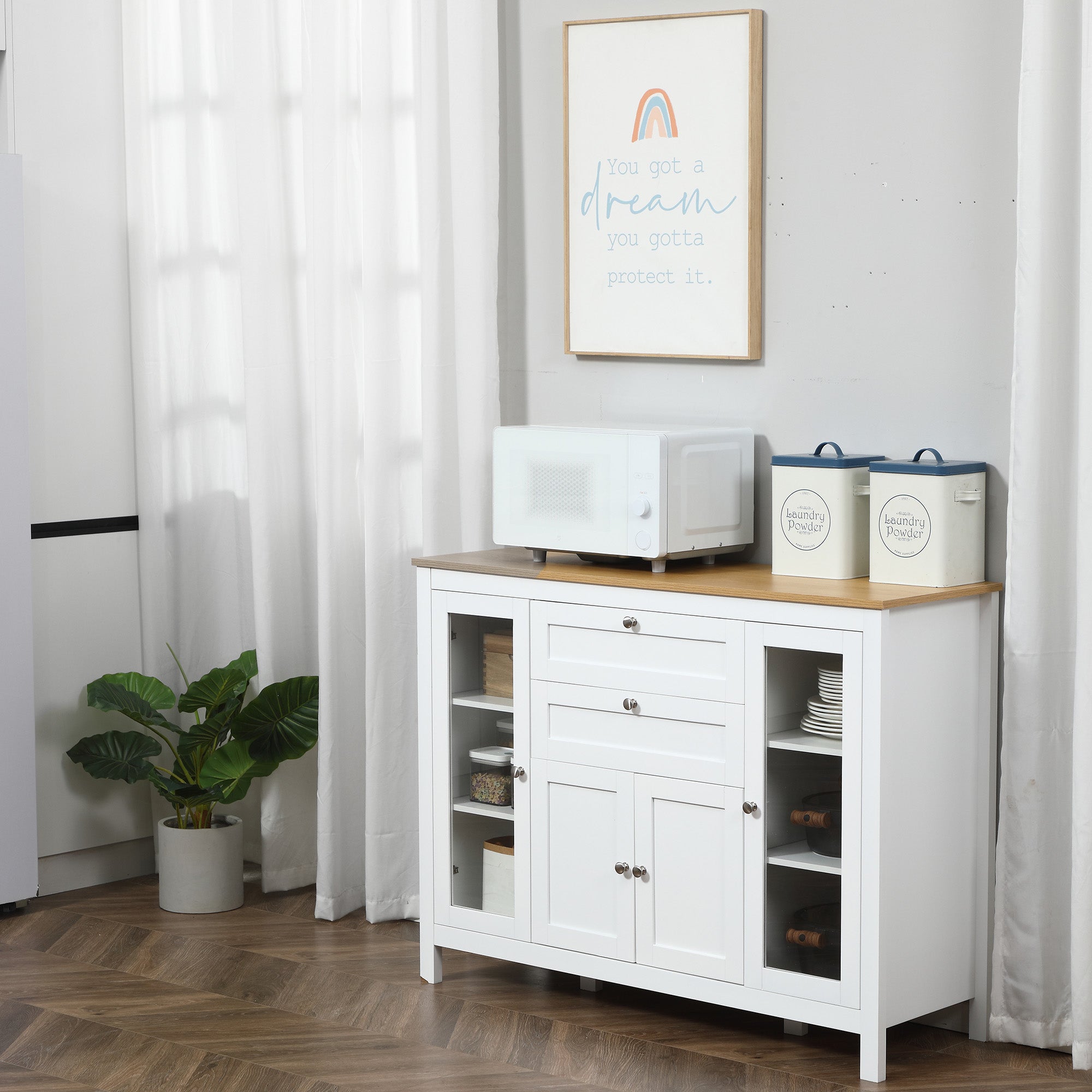 47" Sideboard Buffet Cabinet with Rubber Wood Top Glass Door Coffee Bar Cabinet Kitchen White