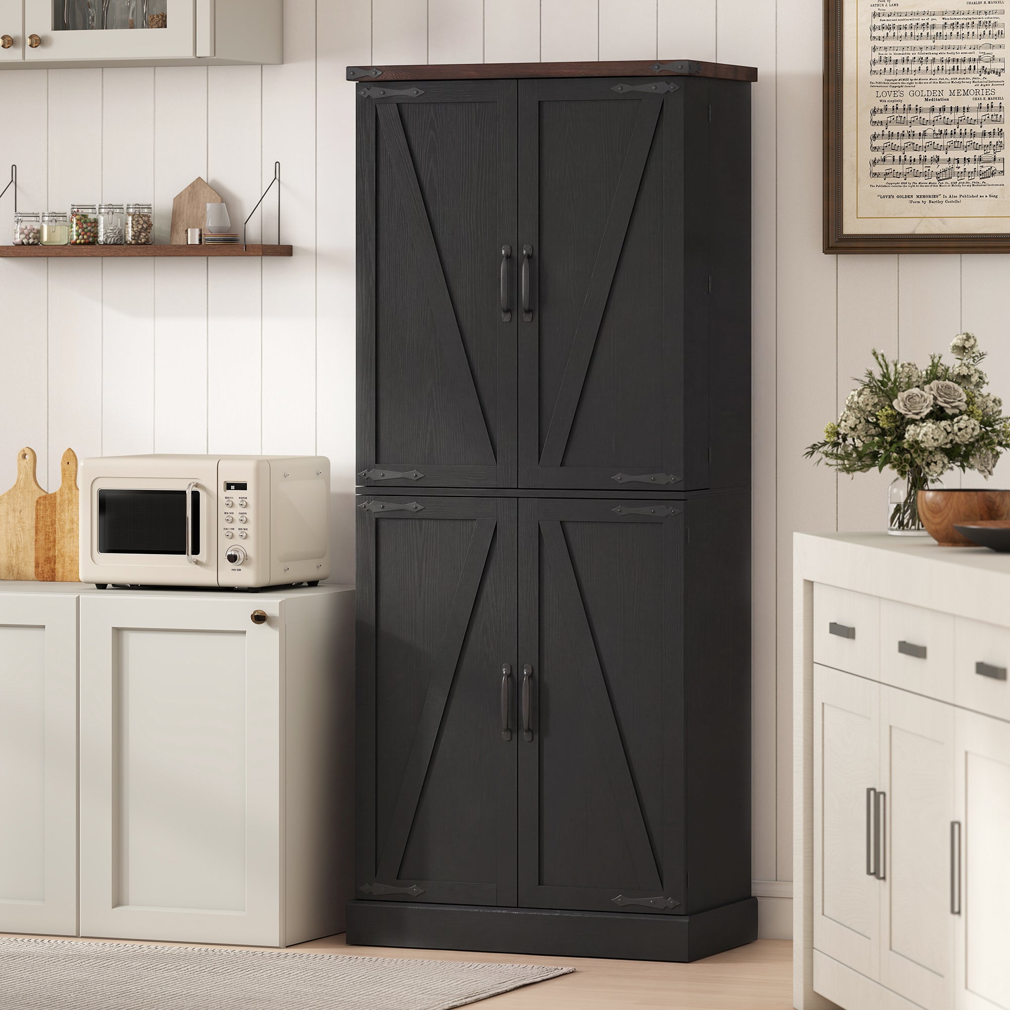 72" Tall Kitchen Pantry Cabinet, Farmhouse Storage Cabinet with 8 Door Racks and Drawer, Freestanding Food Pantry with Adjustable Shelves and Barn Doors, Black