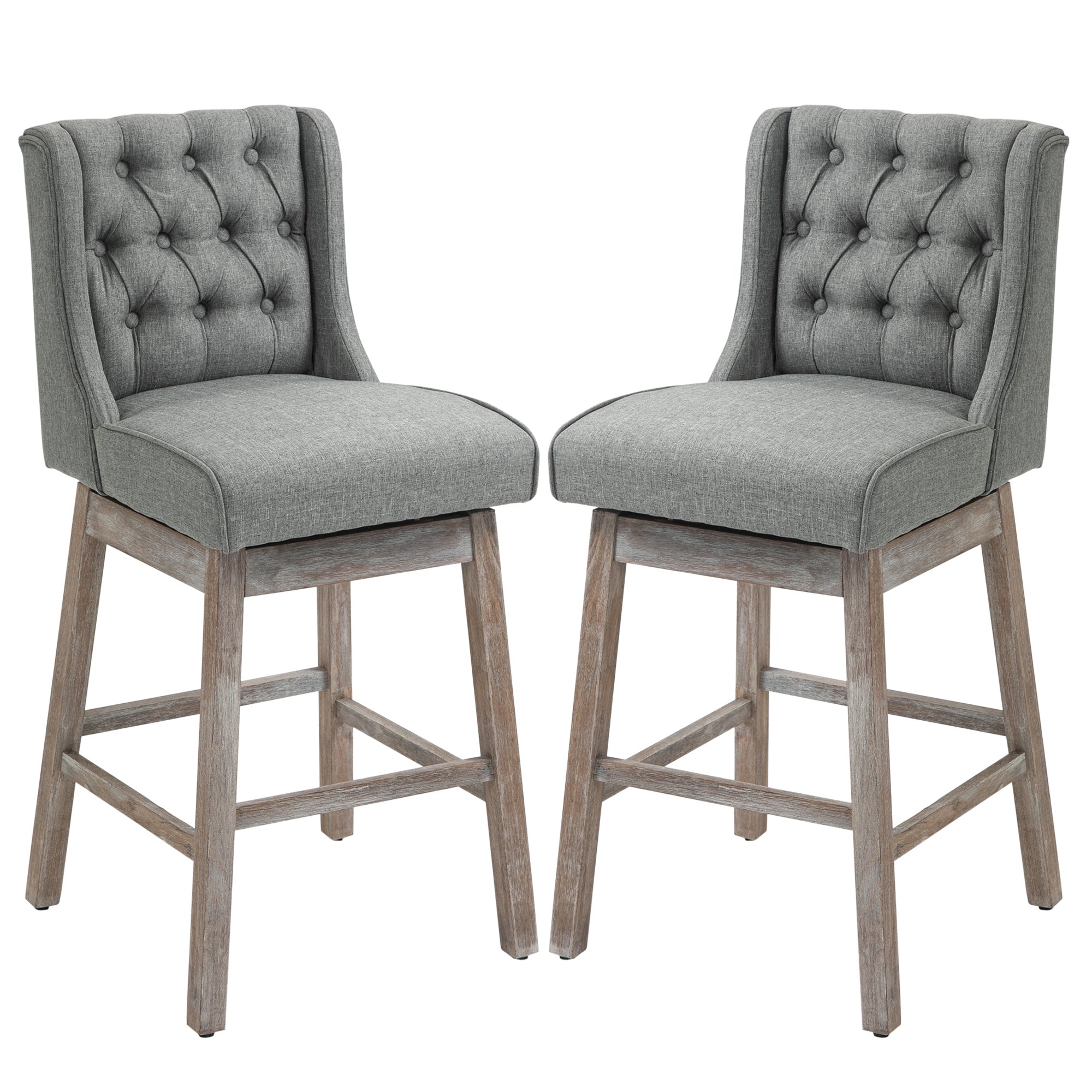 Bar Height Bar Stools Set of 2 180 Degree Swivel Barstools 30" with Solid Wood Footrests Gray