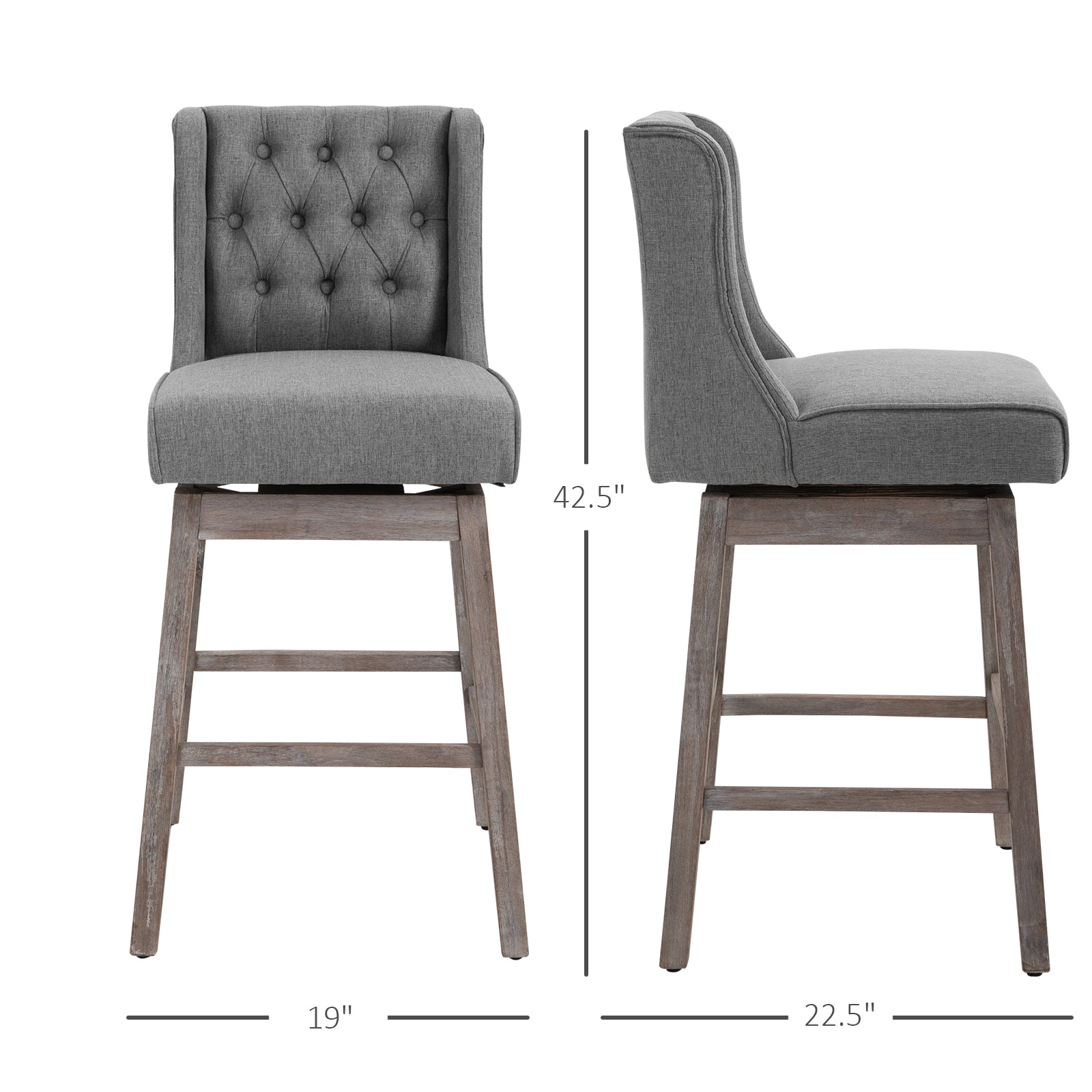 Bar Height Bar Stools Set of 2 180 Degree Swivel Barstools 30" with Solid Wood Footrests Gray