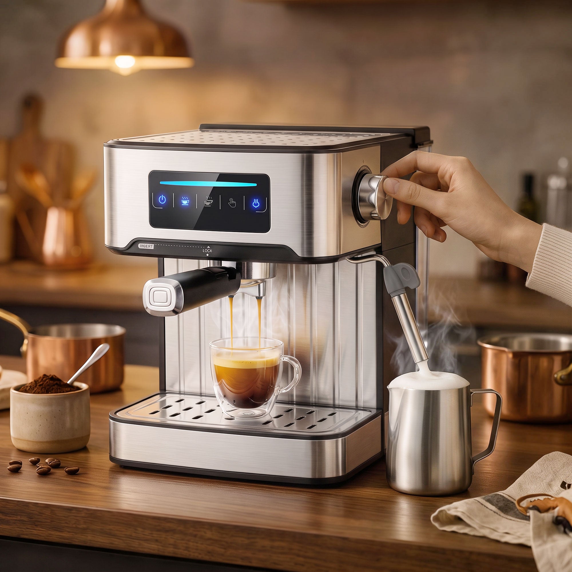 Espresso Machine with Milk Frother Wand, 1.6 L Water Tank, 850W Semi Automatic 20 Bar Coffee Machine, Latte Cappuccino Maker with Single/Double/Manual Shot, LED Touch, Hot Water, Cup Warming