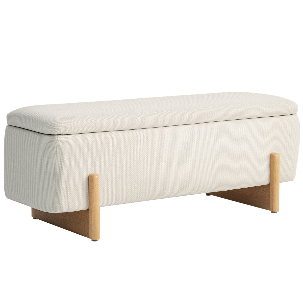 Storage Ottoman with Linen-Look Upholstery, Storage Bench with Safety Hinges and Wooden Legs for Bedroom, Hallway, Cream White