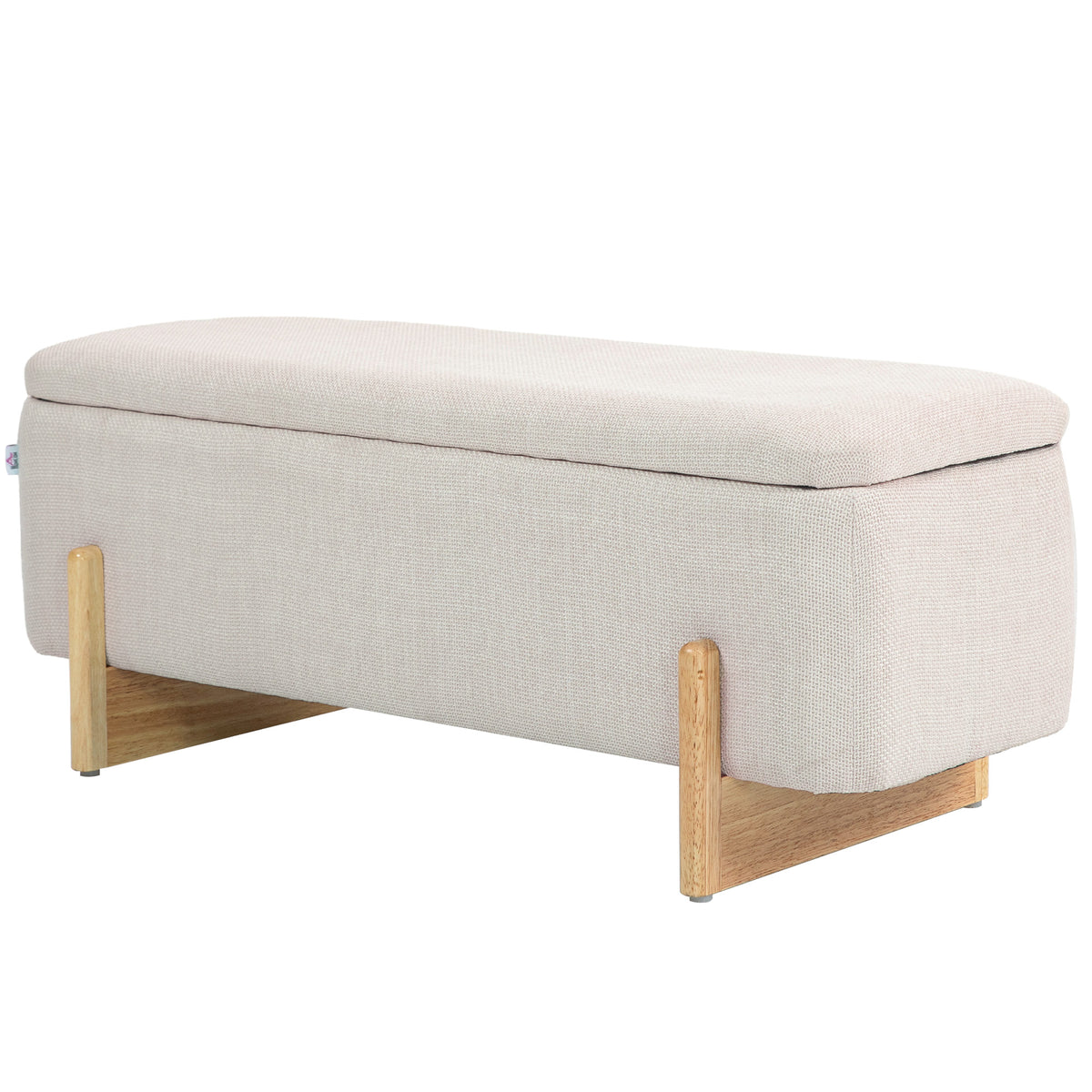 Storage Ottoman with Linen-Look Upholstery, Storage Bench with Safety Hinges and Wooden Legs for Bedroom, Hallway, Cream White