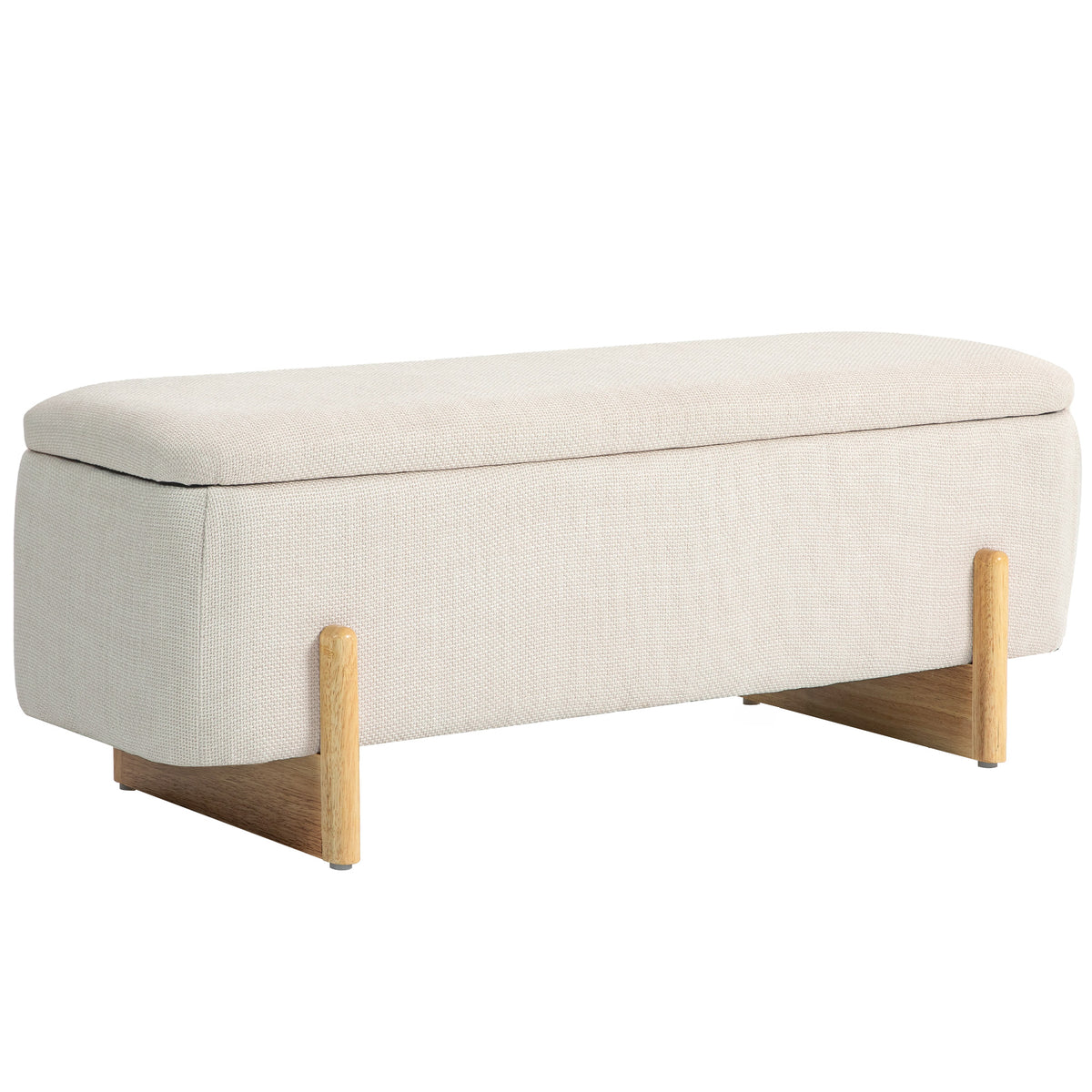 Storage Ottoman with Linen-Look Upholstery, Storage Bench with Safety Hinges and Wooden Legs for Bedroom, Hallway, Cream White