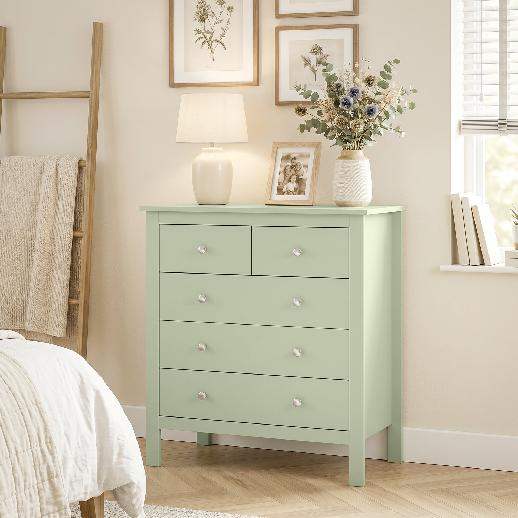 5 Drawer Chest of Drawers, Modern Dresser for Bedroom, Bedside Storage Cabinet, Wide Storage Unit with Glide Runners for Living Room, Hallway, Closet, 79 x 39.5 x 80.5 cm, Sage Green