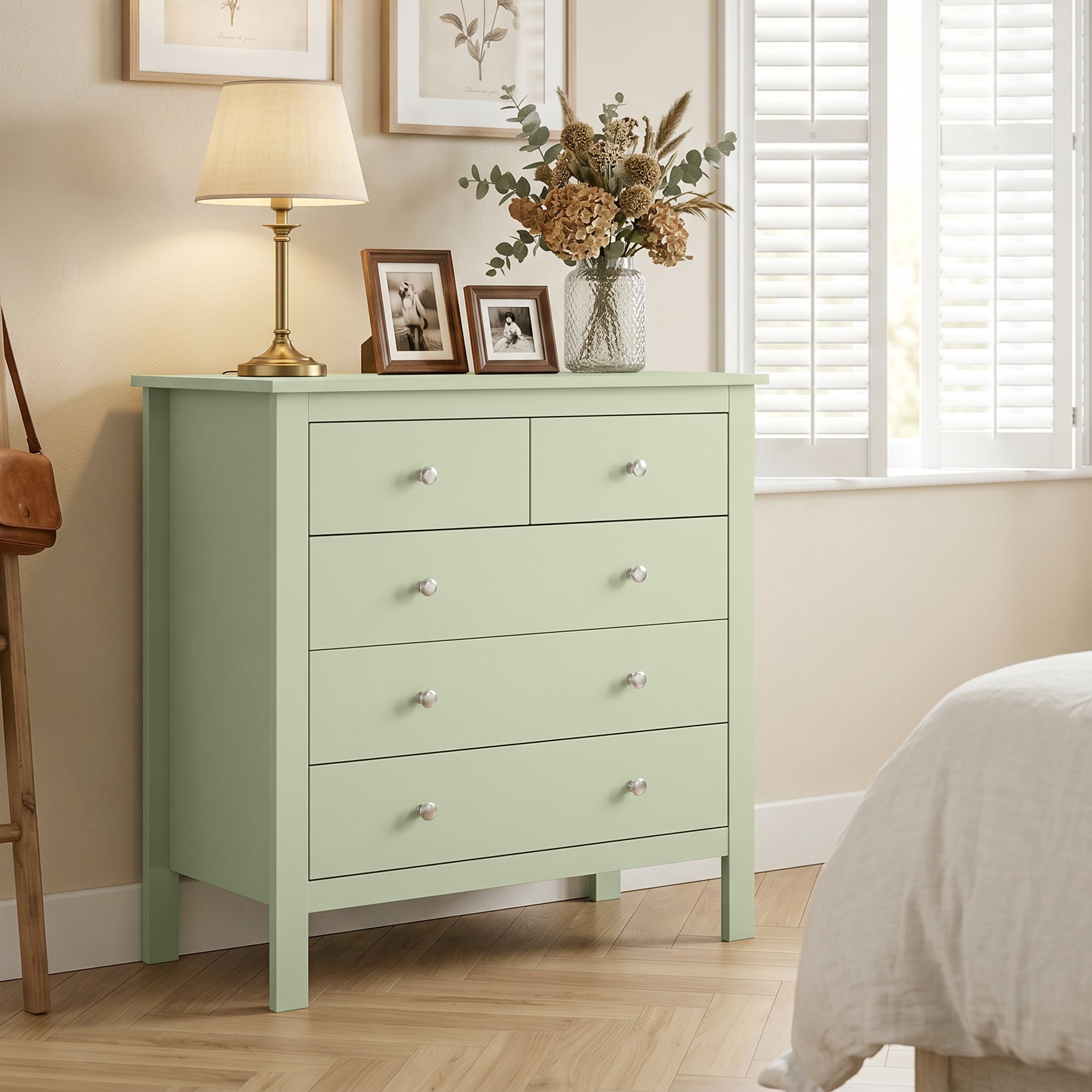 5 Drawer Chest of Drawers, Modern Dresser for Bedroom, Bedside Storage Cabinet, Wide Storage Unit with Glide Runners for Living Room, Hallway, Closet, 79 x 39.5 x 80.5 cm, Sage Green