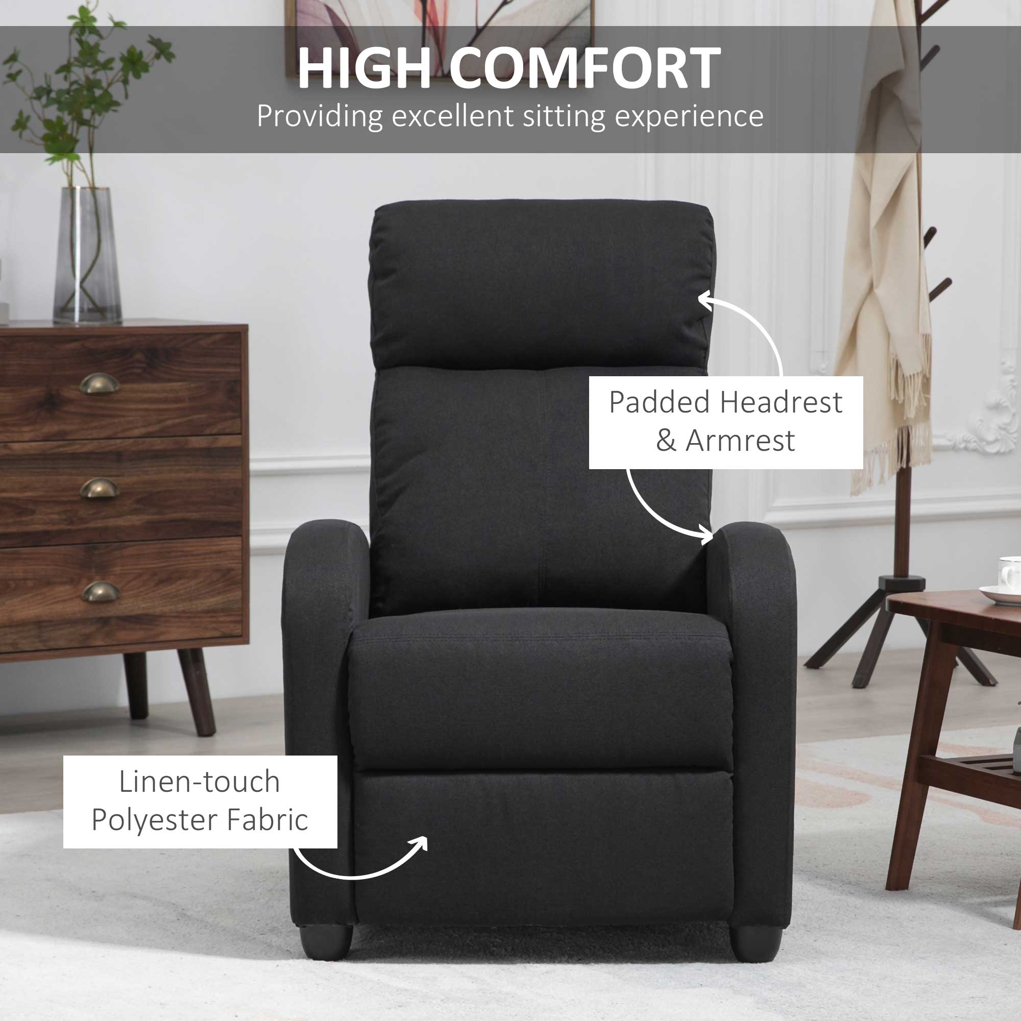 HOMCOM Push Back Recliner Chair, Fabric Home Theater Seating, Single Reclining Sofa Chair with Padded Seat for Living Room, Black