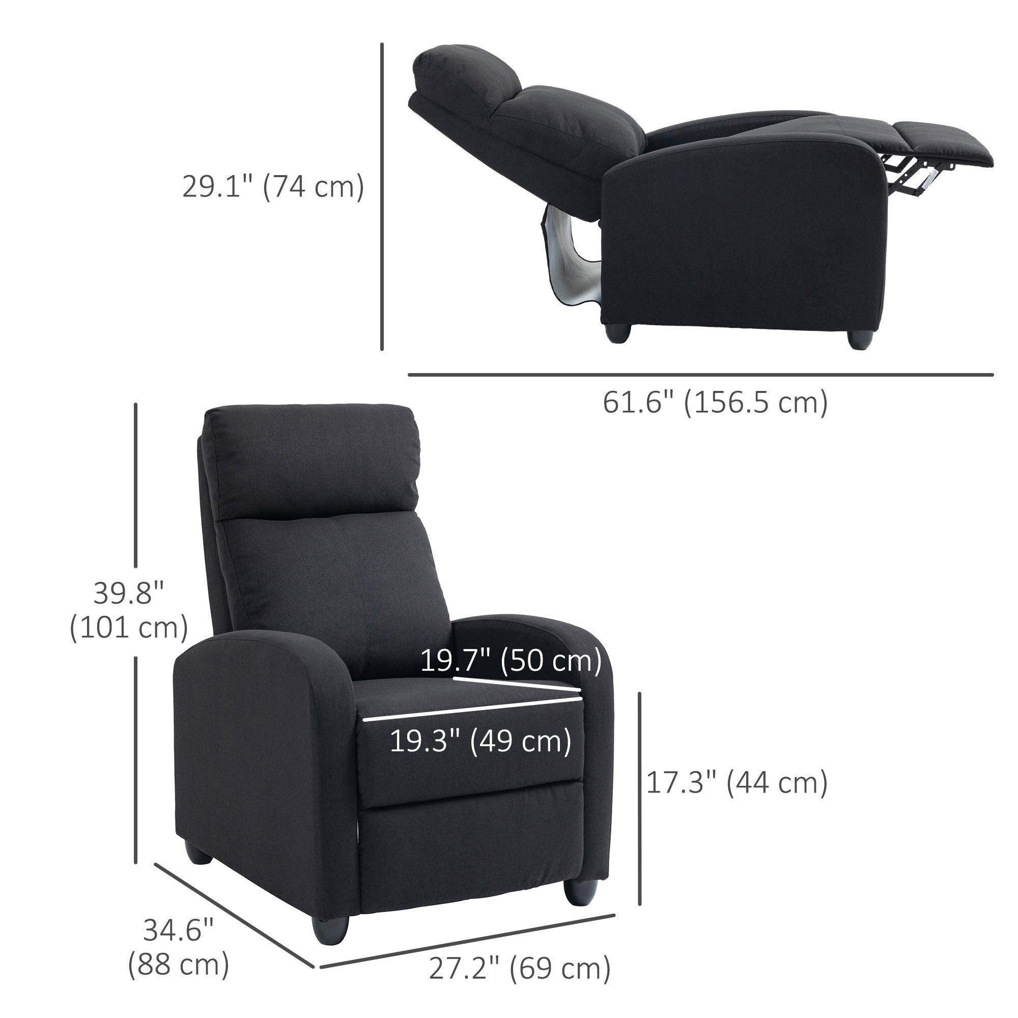 HOMCOM Push Back Recliner Chair, Fabric Home Theater Seating, Single Reclining Sofa Chair with Padded Seat for Living Room, Black