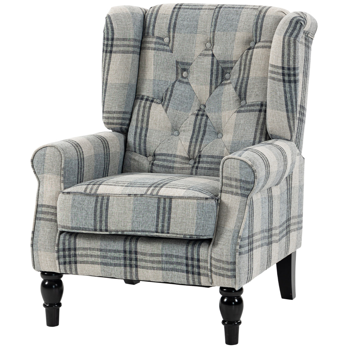 Wingback Accent Chair, Faux Linen Armchair with Thick Spring Cushion, High Back, Solid Wood Legs, Retro Button Tufted Reading Chair for Living Room, Bedroom, Mixed Plaid