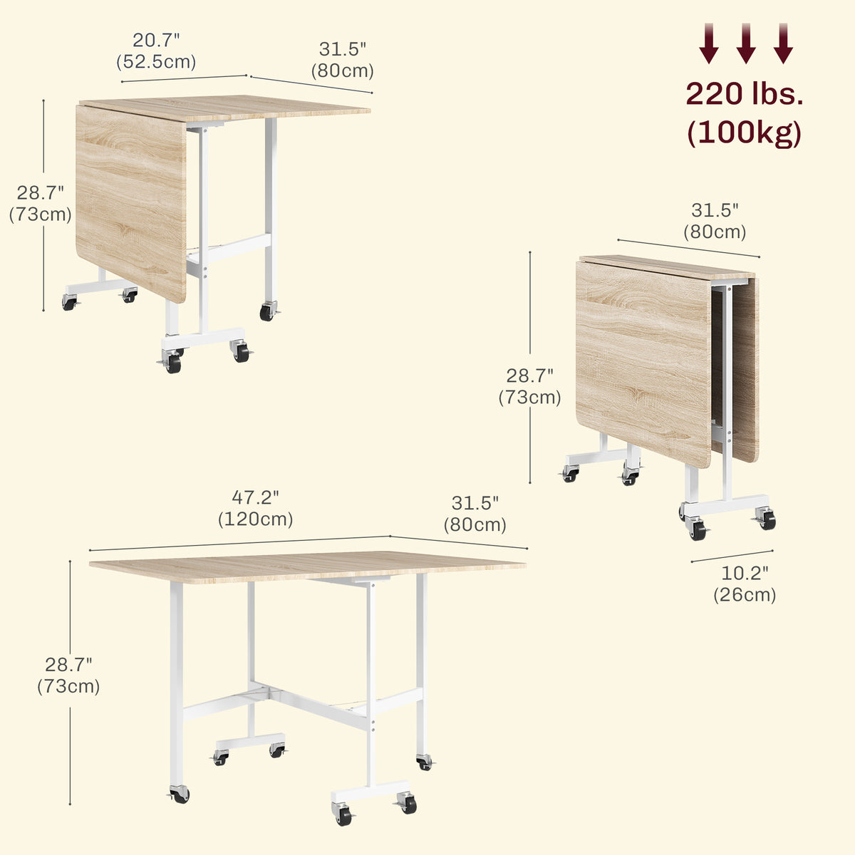 Mobile Drop Leaf Table, Folding Dining Table with 6 Wheels & Brakes, Rolling Kitchen Table for Small Spaces, 47.2", Oak