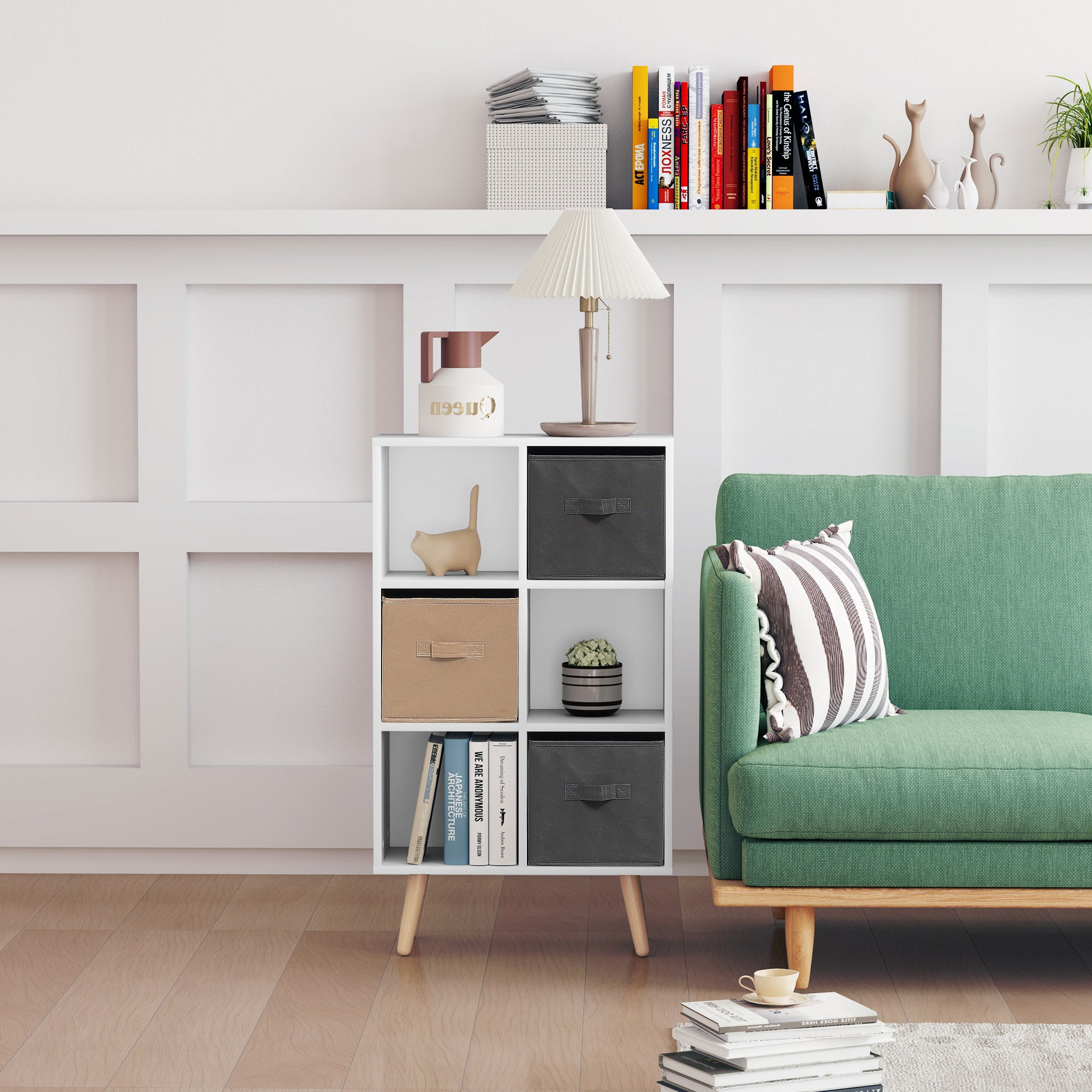 HOMCOM Freestanding 6 Cube Storage Cabinet Unit w/ 3 Fabric Drawers Handles Home Office Organisation Shelves Furniture