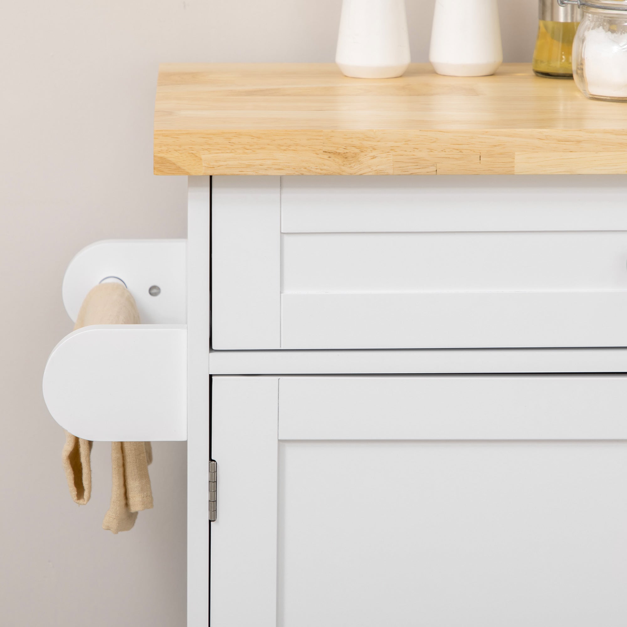 HOMCOM Kitchen Island with Storage, Rolling Cart Trolley with Rubberwood Top, Adjustable Shelf, Drawer, Spice Rack, Towel Rack, White