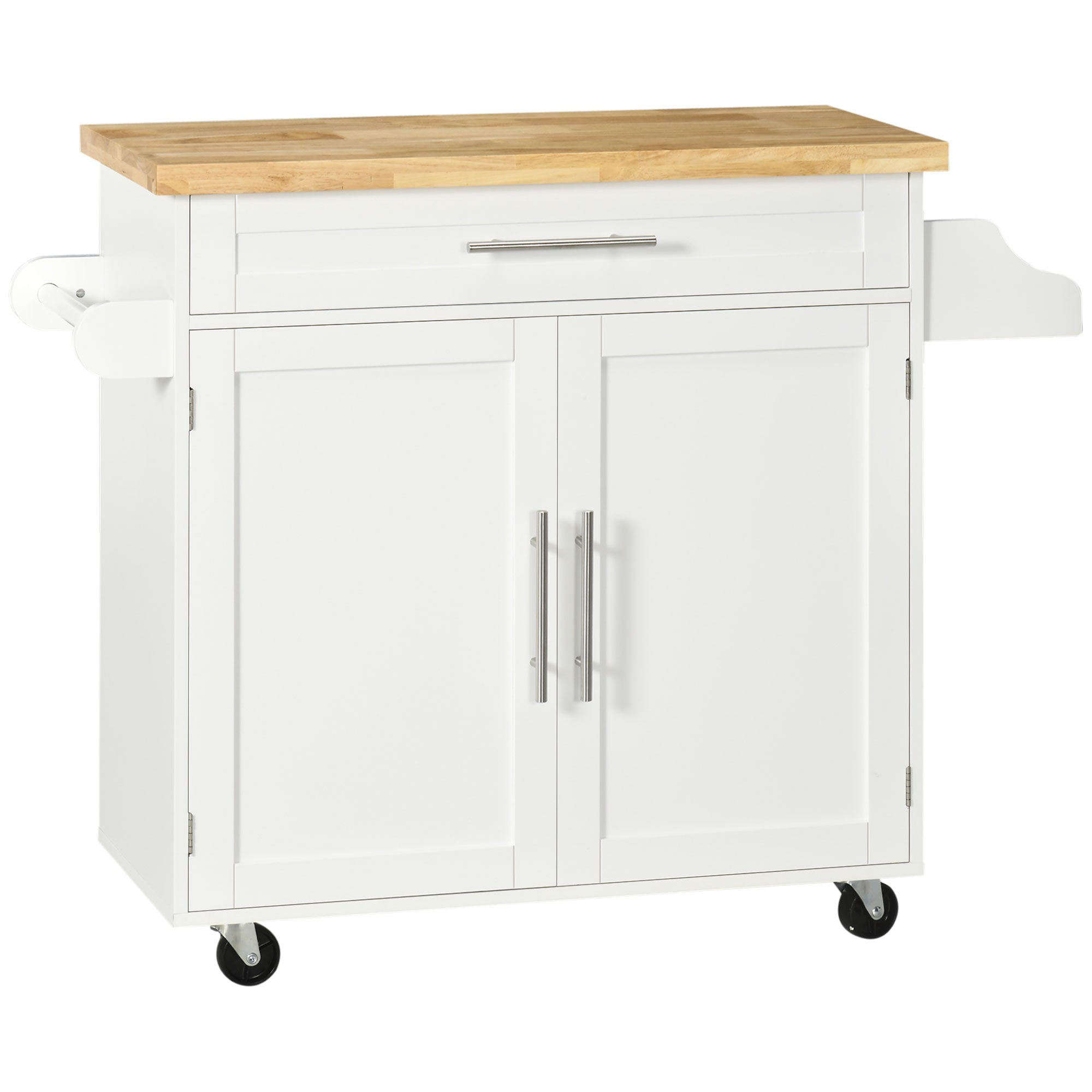 HOMCOM Kitchen Island with Storage, Rolling Cart Trolley with Rubberwood Top, Adjustable Shelf, Drawer, Spice Rack, Towel Rack, White