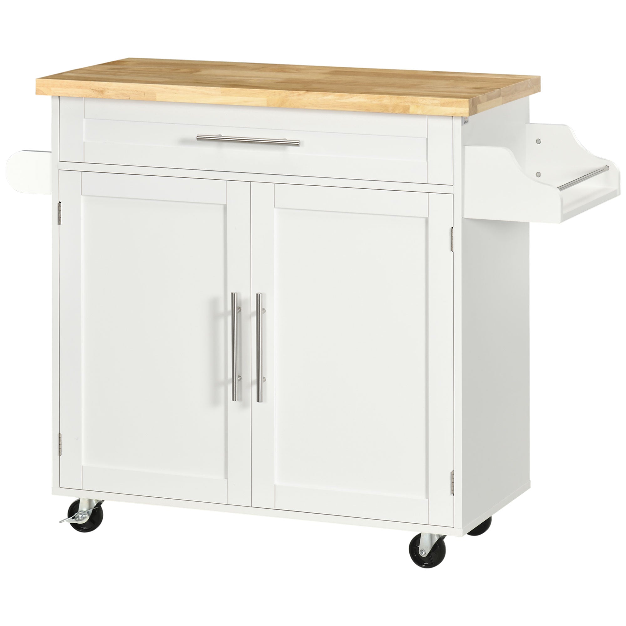 HOMCOM Kitchen Island with Storage, Rolling Cart Trolley with Rubberwood Top, Adjustable Shelf, Drawer, Spice Rack, Towel Rack, White