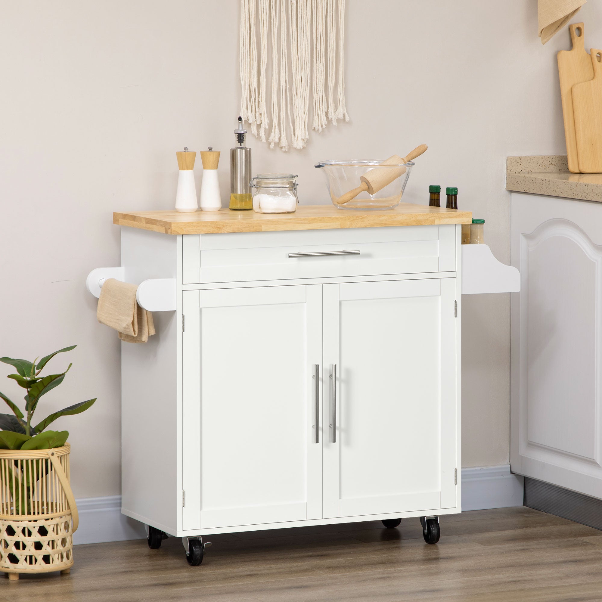 HOMCOM Kitchen Island with Storage, Rolling Cart Trolley with Rubberwood Top, Adjustable Shelf, Drawer, Spice Rack, Towel Rack, White