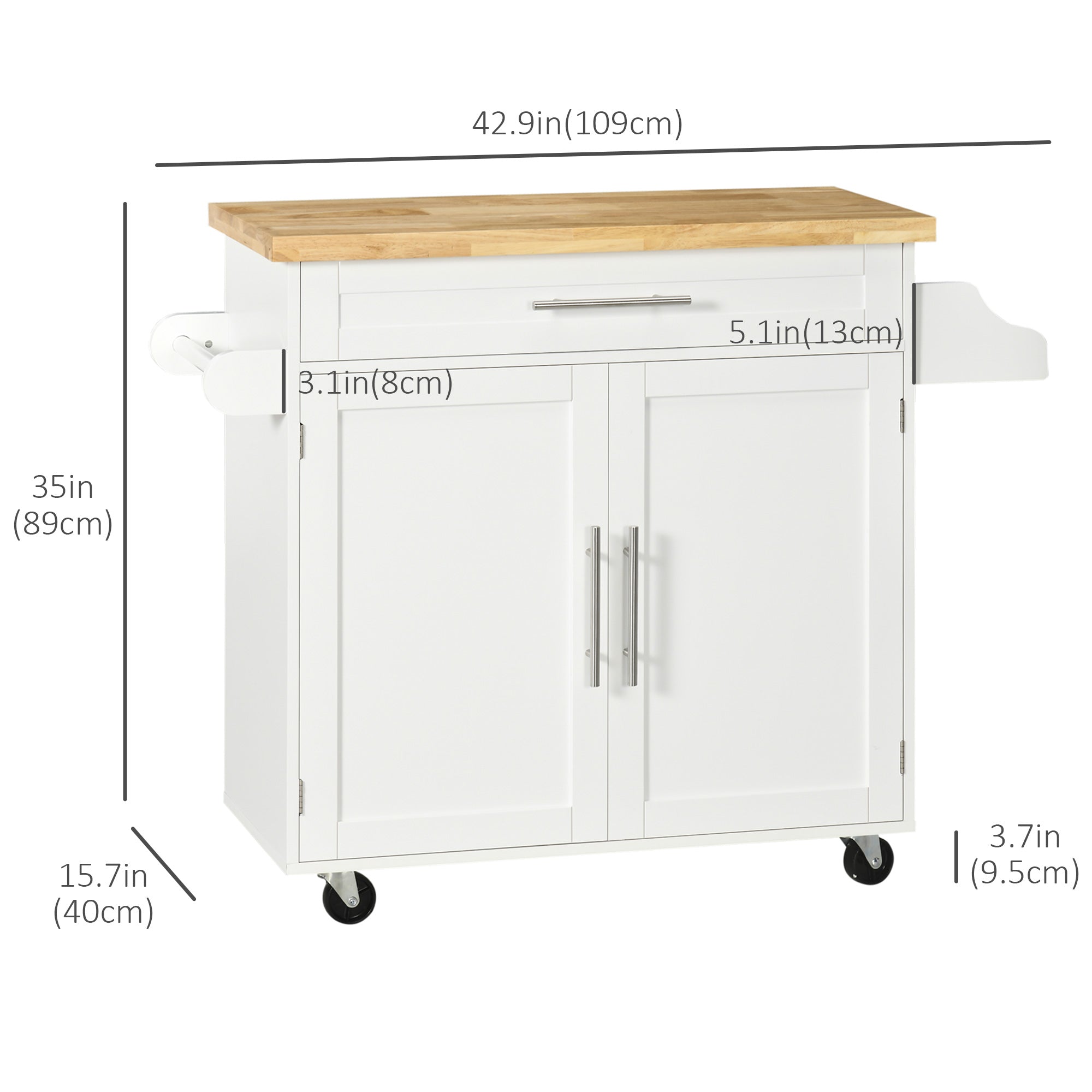 HOMCOM Kitchen Island with Storage, Rolling Cart Trolley with Rubberwood Top, Adjustable Shelf, Drawer, Spice Rack, Towel Rack, White