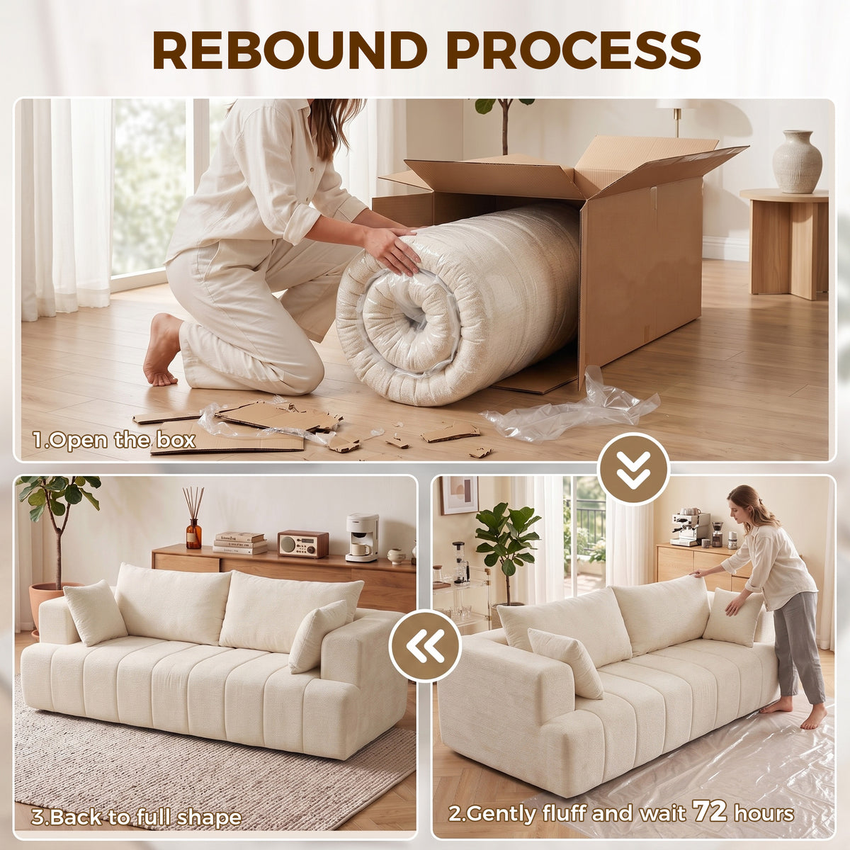 3 Seater Sofa, Chenille Boneless Cloud Couch with Thick Spring Cushion, Wide and Deep Seat, Wide Armrests, 2 Pillows, Anti-Slip Bottom, Modern Sofa Settee for Living Room, Beige