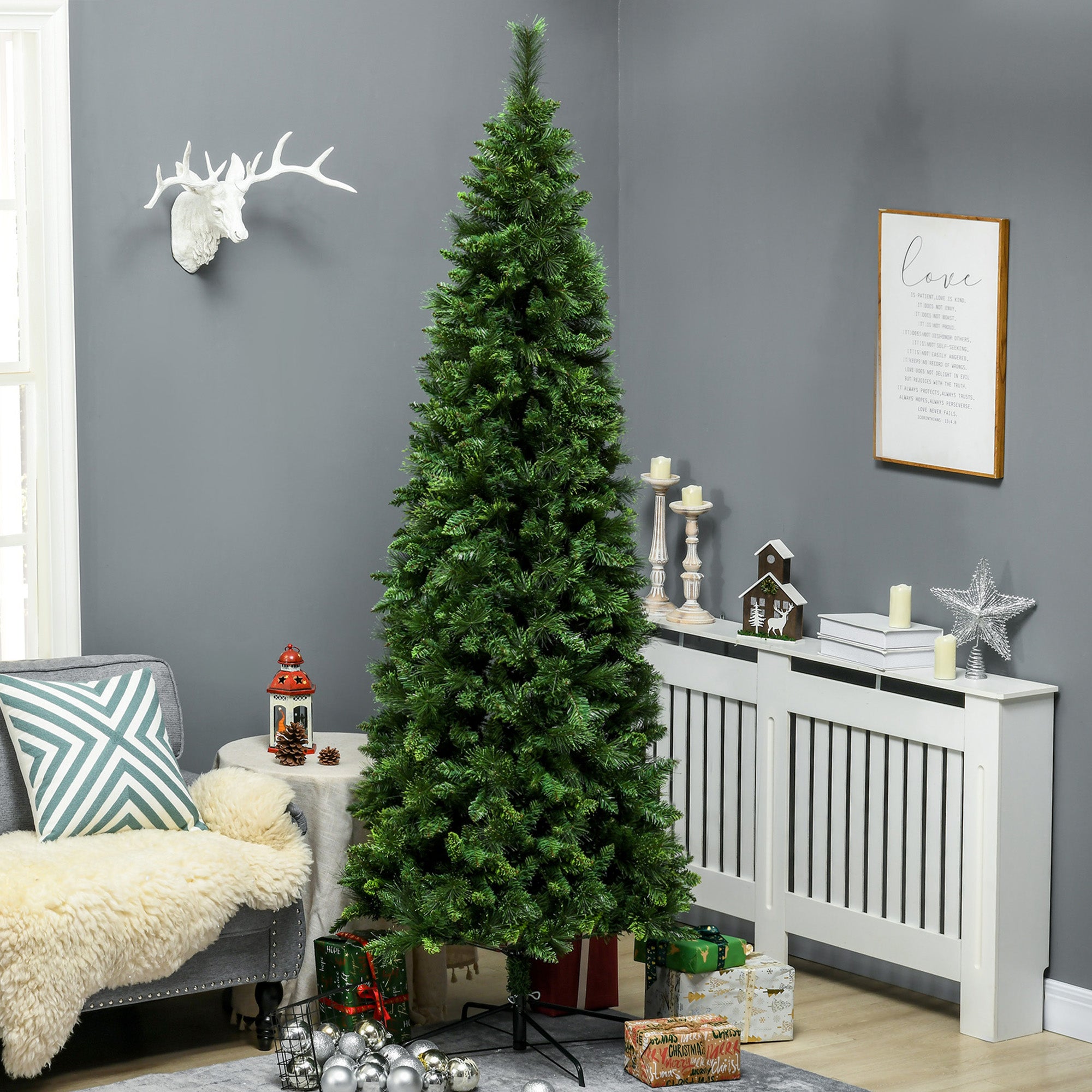 7.5' Artificial Pencil Christmas Trees, with Auto Open, Steel Base, Pine Needles, for Home Xmas Decoration