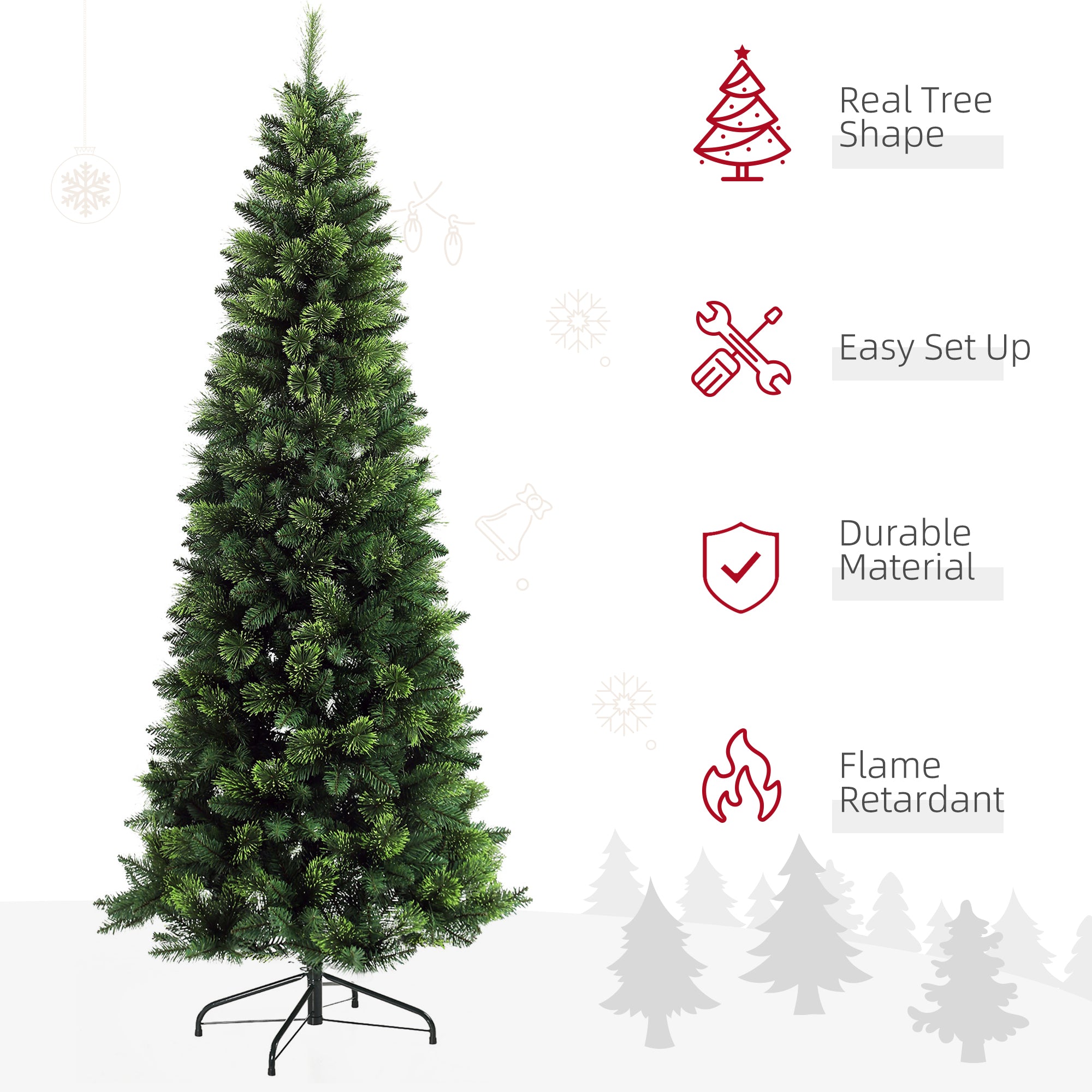 7.5' Artificial Pencil Christmas Trees, with Auto Open, Steel Base, Pine Needles, for Home Xmas Decoration