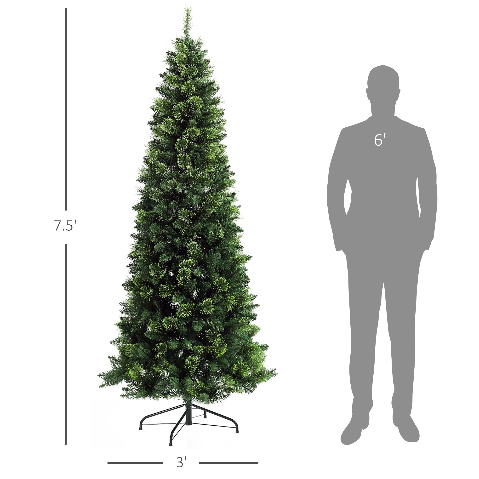 7.5' Artificial Pencil Christmas Trees, with Auto Open, Steel Base, Pine Needles, for Home Xmas Decoration