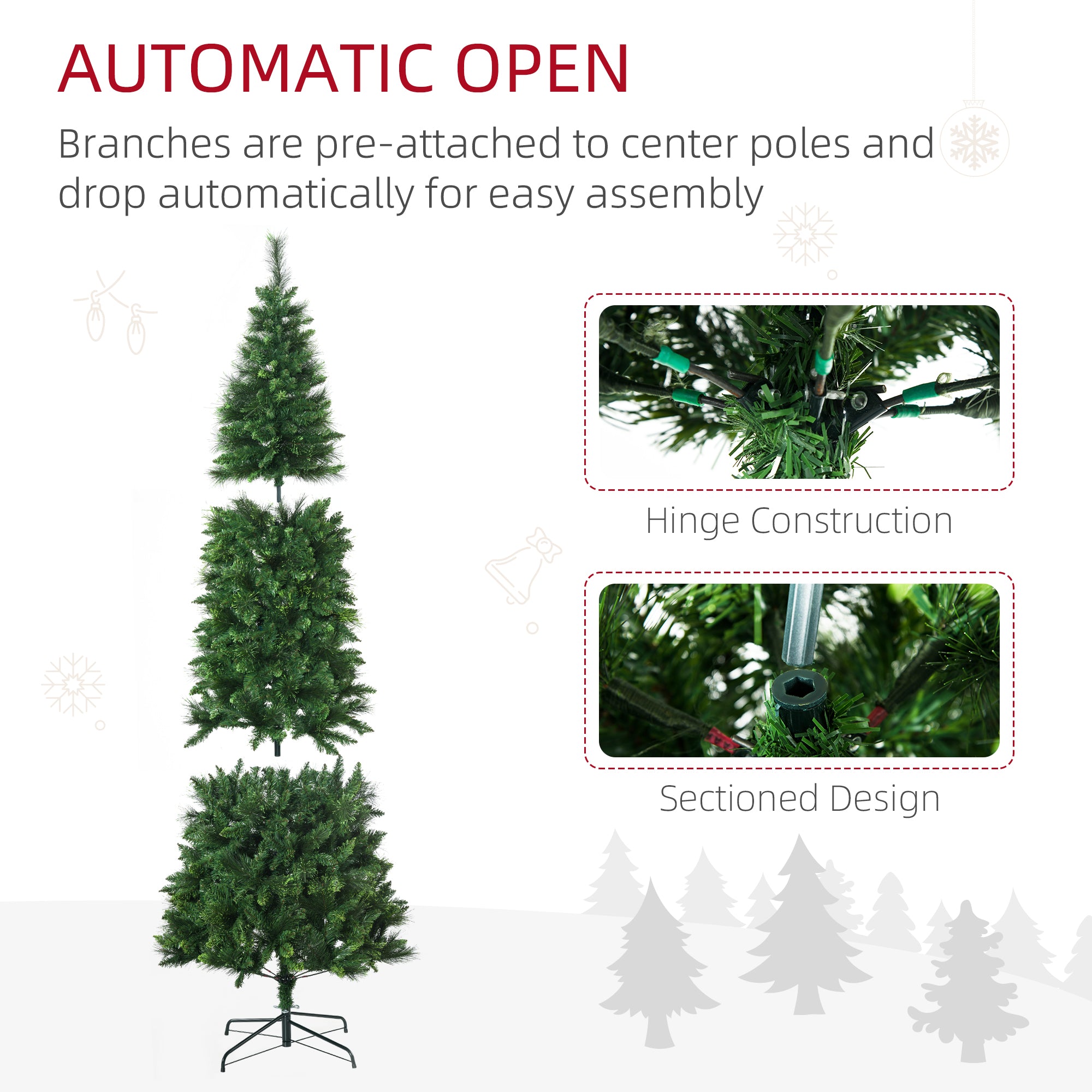 7.5' Artificial Pencil Christmas Trees, with Auto Open, Steel Base, Pine Needles, for Home Xmas Decoration