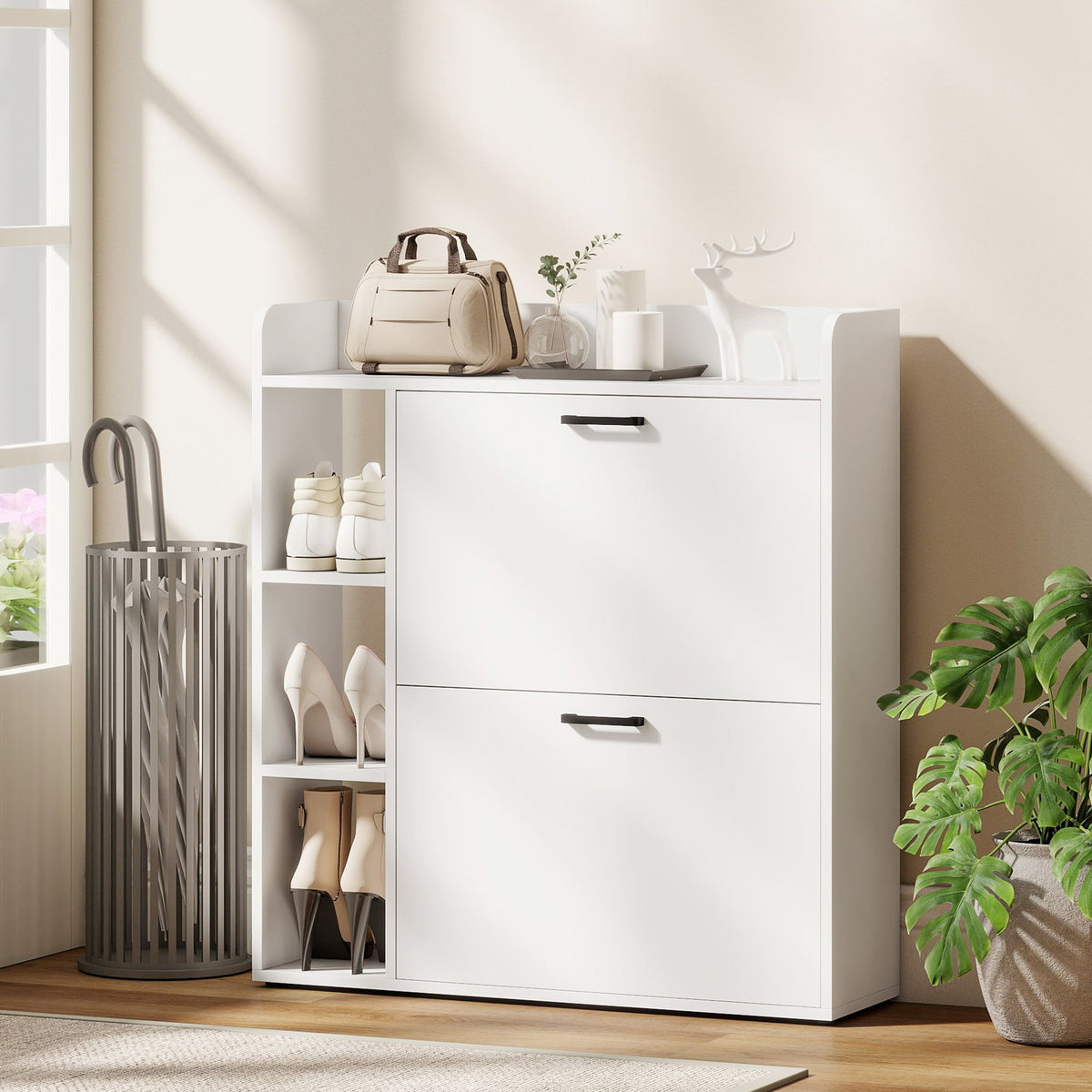 Modern Shoe Cabinet with 2 Flip Drawers, Narrow Shoe Storage Cabinet with Side Compartments and Adjustable Shelves, 8-12 Pairs, for Entryway Hallway, White