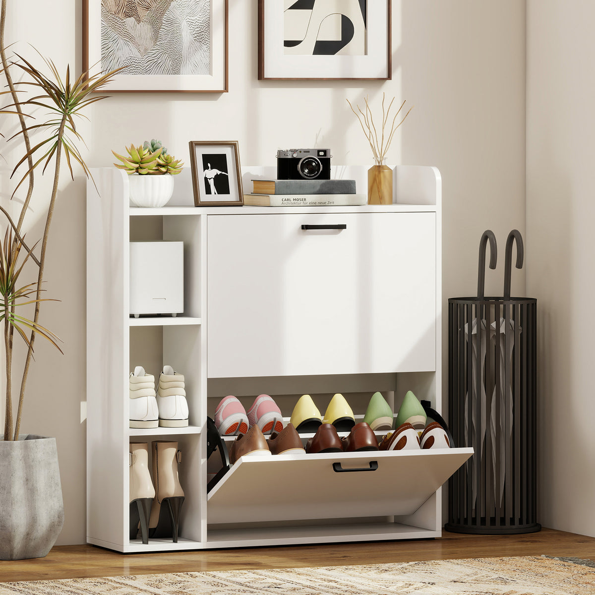 Modern Shoe Cabinet with 2 Flip Drawers, Narrow Shoe Storage Cabinet with Side Compartments and Adjustable Shelves, 8-12 Pairs, for Entryway Hallway, White