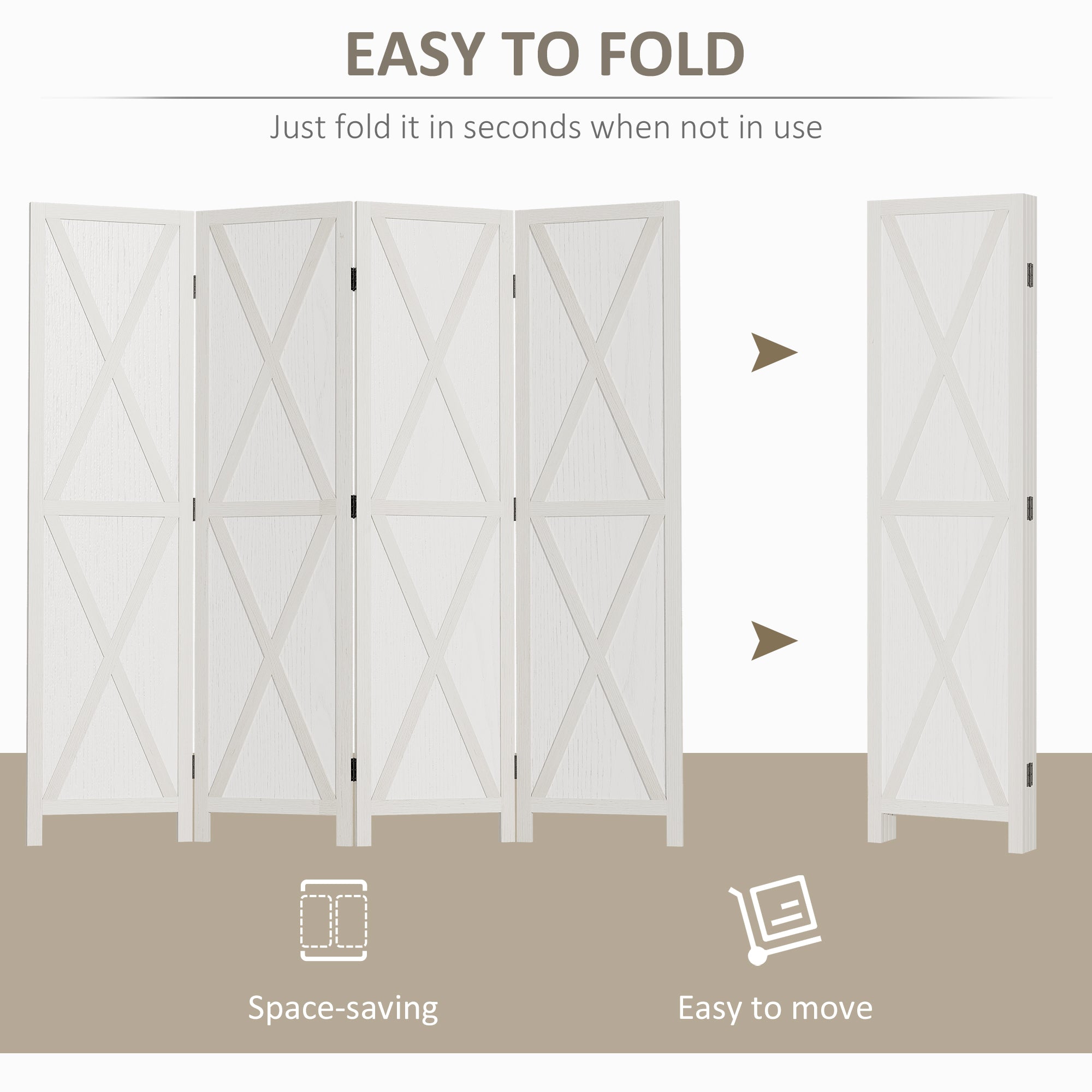 HOMCOM 4 Panel Room Divider, 5.6 Ft Folding Privacy Screen, Freestanding Wooden Wall Partition for Bedroom, Office, White