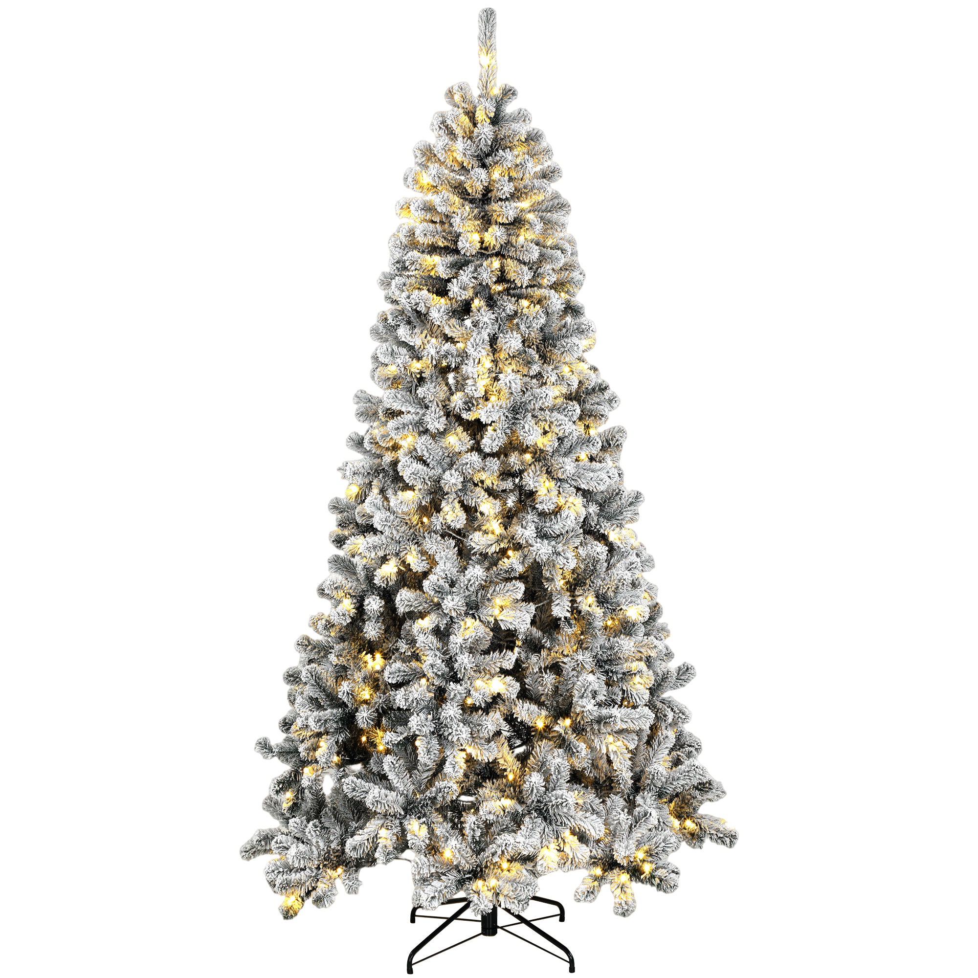 7.5ft Flocked Prelit Christmas Tree, Northern Pine, Artificial Xmas Tree with 1201 Curved Tips, 350 LEDs, Foldable Steel Base, Green White